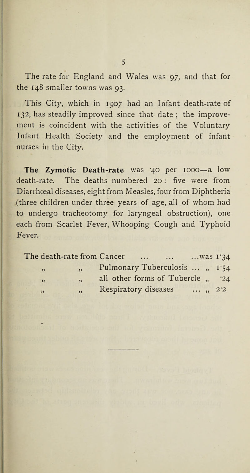 The rate for England and Wales was 97, and that for the 148 smaller towns was 93. This City, which in 1907 had an Infant death-rate of 132, has steadily improved since that date ; the improve¬ ment is coincident with the activities of the Voluntary Infant Health Society and the employment of infant nurses in the City. The Zymotic Death-rate was ’40 per 1000—a low death-rate. The deaths numbered 20 : five were from Diarrhceal diseases, eight from Measles, four from Diphtheria (three children under three years of age, all of whom had to undergo tracheotomy for laryngeal obstruction), one each from Scarlet Fever, Whooping Cough and Typhoid Fever. The death-rate from Cancer ... ... ...was 1*34 „ „ Pulmonary Tuberculosis ... „ i’54 „ „ all other forms of Tubercle „ *24 „ „ Respiratory diseases ... „ 2*2
