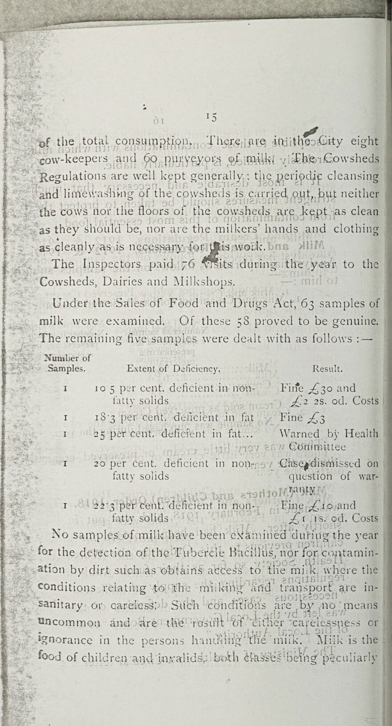 of the total consuinpdon., ita'itheofiity eight fiOlflV/ IIJ l // cllOlJnrliiiioJ* # r 1 covv-keepers and 60 purveyor^ ^fomdlfo vlaE&feni&owsheds Regulations are well kept general!v : the periodic cleansing ■ ° . 1 c&mpb Jfeo«i tY Tr b and limewashwig of the cowsheds is carried opt. but neither & p a.nnar.orn ^rTbgfiriU the cows nor the floors of the cowsheds are kept as clean Id ftoiteniminrrod nrdnf as they should be, nor are the milkers’ hands and clothing as cleanly as is necessary for tfiis work.' The Inspectors paid 76 visits during the year to the Cowsheds, Dairies and Milkshops. .••A - —: mi ft ■. -vFSrM-r Under the Sales of Food and Drugs Act, 63 samples of milk were examined. Of these 58 proved to be genuine. The remaining five samples were dealt with as follows : — Number of Samples. Result. I I >4^ v^ v r ■ Extent of Deficiency. 10 5 per cent, deficient in non- Firfe Afoo and fattv solids . /A 2s. od. Costs i8'3 per cent, deficient in fat Fine ^3 25 percent, deficient in fat... Warned by Health • ijd r;npv fen7/ Ctftimdttee 20 per cent, deficient in nonn:ov Ctec^elismissed on fatty solids question of war- bits 22‘3 per cent, deficient in non- Fine ^’10 and fatty solids 1 i; /A is. od. Costs . -1,7° j|j-;ofia samples of milk have been examined during the year for the detection of the Tubercle Bacillus, nor for contamin¬ ation by dirt such as obtains access to the mjlk where the conditions relating to the middiVg ‘bifid transport are in¬ sanitary or careless/e Sub'h concisions are ,by .no means a : PV>, [ qflj vd lied ssv; Uncommon and are the roshlifof either 'carelessness or Lvj i. bee/ a on l 10 .Cv ^ A ignorance in the persons handfohg1 tTie 'milk. Milk is the food of children and invalids; Doth Jfes'sb's1 Belp.Speculiarly