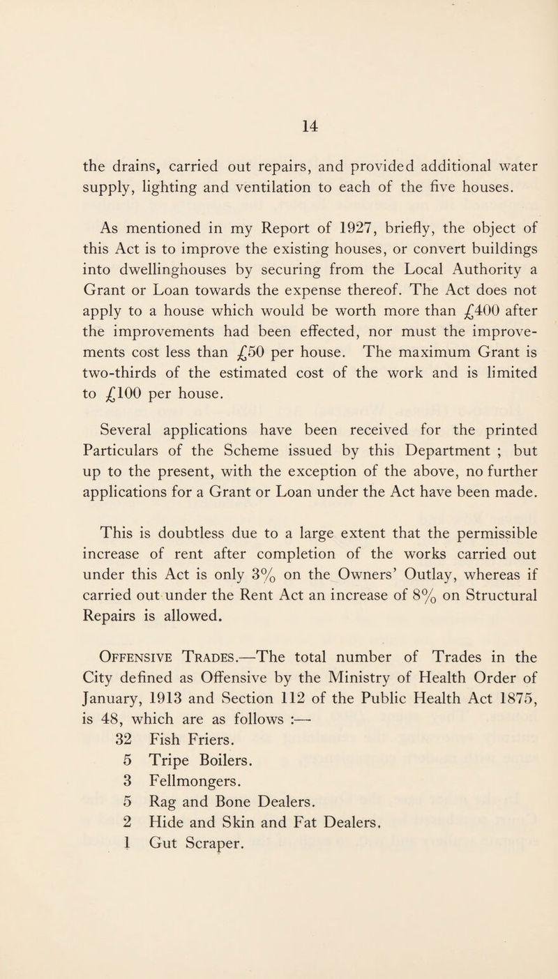 the drains, carried out repairs, and provided additional water supply, lighting and ventilation to each of the five houses. As mentioned in my Report of 1927, briefly, the object of this Act is to improve the existing houses, or convert buildings into dwelling-houses by securing from the Local Authority a Grant or Loan towards the expense thereof. The Act does not apply to a house which would be worth more than £400 after the improvements had been effected, nor must the improve¬ ments cost less than £50 per house. The maximum Grant is two-thirds of the estimated cost of the work and is limited to £100 per house. Several applications have been received for the printed Particulars of the Scheme issued by this Department ; but up to the present, with the exception of the above, no further applications for a Grant or Loan under the Act have been made. This is doubtless due to a large extent that the permissible increase of rent after completion of the works carried out under this Act is only 3% on the Owners’ Outlay, whereas if carried out under the Rent Act an increase of 8% on Structural Repairs is allowed. Offensive Trades.—The total number of Trades in the City defined as Offensive by the Ministry of Health Order of January, 1913 and Section 112 of the Public Health Act 1875, is 48, which are as follows :—- 32 Fish Friers. 5 Tripe Boilers. 3 Fellmongers. 5 Rag and Bone Dealers. 2 Hide and Skin and Fat Dealers. 1 Gut Scraper.