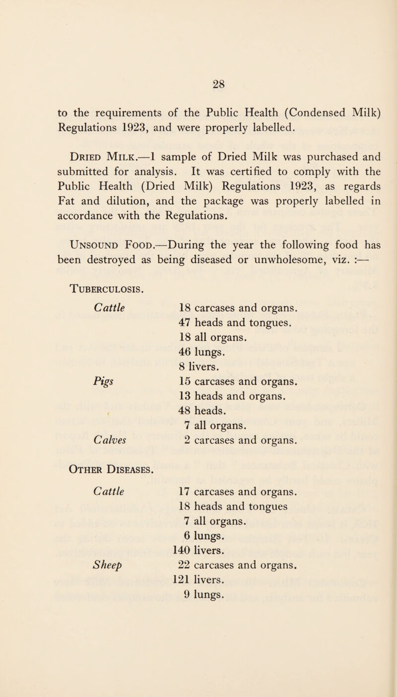 to the requirements of the Public Health (Condensed Milk) Regulations 1923, and were properly labelled. Dried Milk.—1 sample of Dried Milk was purchased and submitted for analysis. It was certified to comply with the Public Health (Dried Milk) Regulations 1923, as regards Fat and dilution, and the package was properly labelled in accordance with the Regulations. Unsound Food.—During the year the following food has been destroyed as being diseased or unwholesome, viz. :— Tuberculosis. Cattle Pigs Calves 18 carcases and organs. 47 heads and tongues. 18 all organs. 46 lungs. 8 livers. 15 carcases and organs. 13 heads and organs. 48 heads. 7 all organs. 2 carcases and organs. Other Diseases. Cattle 17 carcases and organs. 18 heads and tongues 7 all organs. 6 lungs. 140 livers. Sheep 22 carcases and organs. 121 livers. 9 lungs.