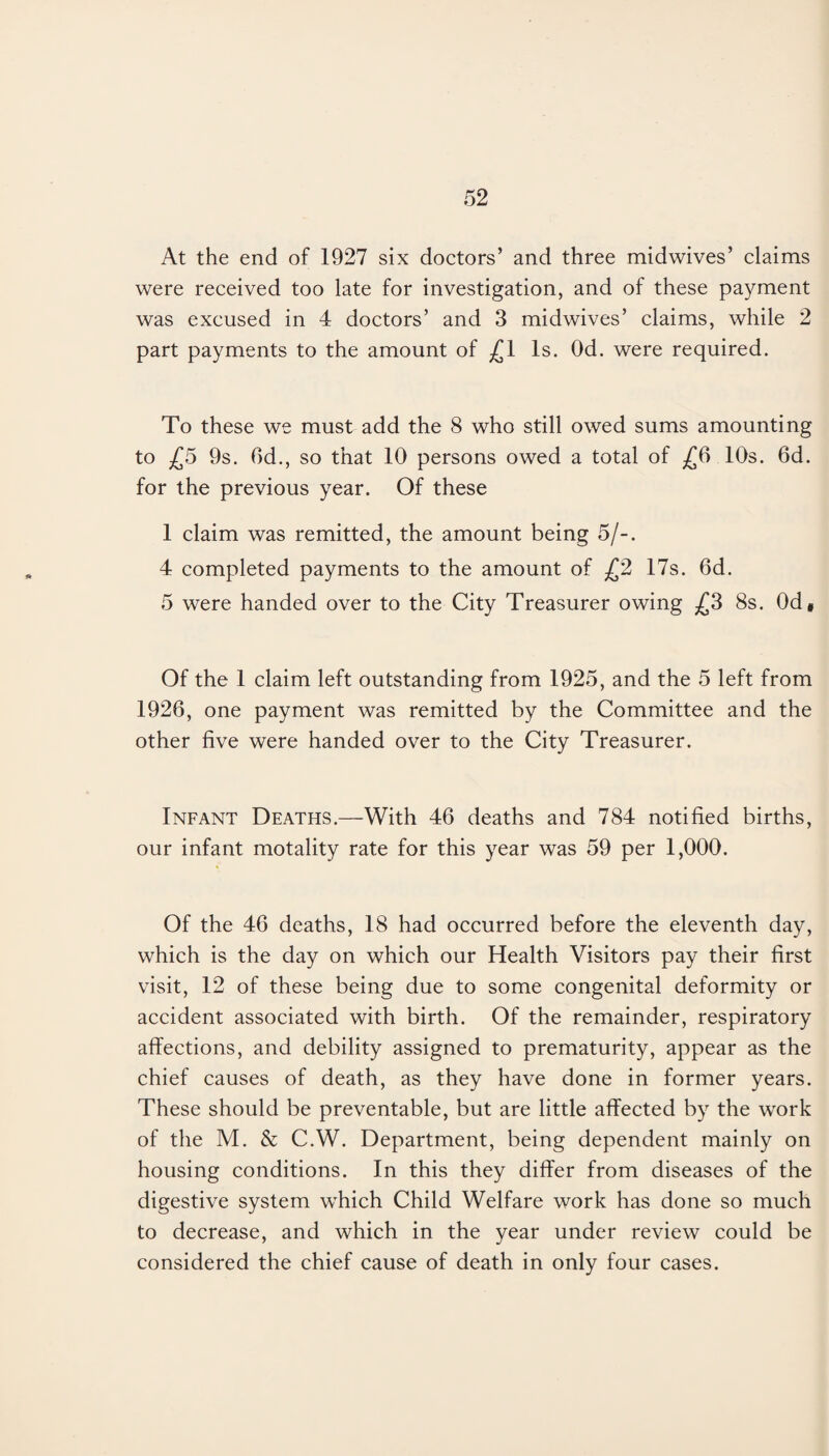 At the end of 1927 six doctors’ and three midwives’ claims were received too late for investigation, and of these payment was excused in 4 doctors’ and 3 midwives’ claims, while 2 part payments to the amount of .£1 Is. Od. were required. To these we must add the 8 who still owed sums amounting to £5 9s. 6d., so that 10 persons owed a total of £6 10s. 6d. for the previous year. Of these 1 claim was remitted, the amount being 5/-. 4 completed payments to the amount of £2 17s. 6d. 5 were handed over to the City Treasurer owing £3 8s. Od* Of the 1 claim left outstanding from 1925, and the 5 left from 1926, one payment was remitted by the Committee and the other five were handed over to the City Treasurer. Infant Deaths.—With 46 deaths and 784 notified births, our infant motality rate for this year was 59 per 1,000. Of the 46 deaths, 18 had occurred before the eleventh day, which is the day on which our Health Visitors pay their first visit, 12 of these being due to some congenital deformity or accident associated with birth. Of the remainder, respiratory affections, and debility assigned to prematurity, appear as the chief causes of death, as they have done in former years. These should be preventable, but are little affected by the work of the M. & C.W. Department, being dependent mainly on housing conditions. In this they differ from diseases of the digestive system which Child Welfare work has done so much to decrease, and which in the year under review could be considered the chief cause of death in only four cases.