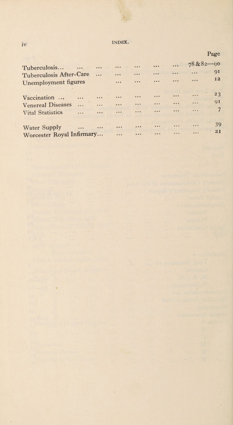 Tuberculosis... Tuberculosis After-Care Unemployment figures Vaccination ... Venereal Diseases Vital Statistics Water Supply . Worcester Royal Infirmary... Page 78&82—go 91 12 23 91 7 39 21