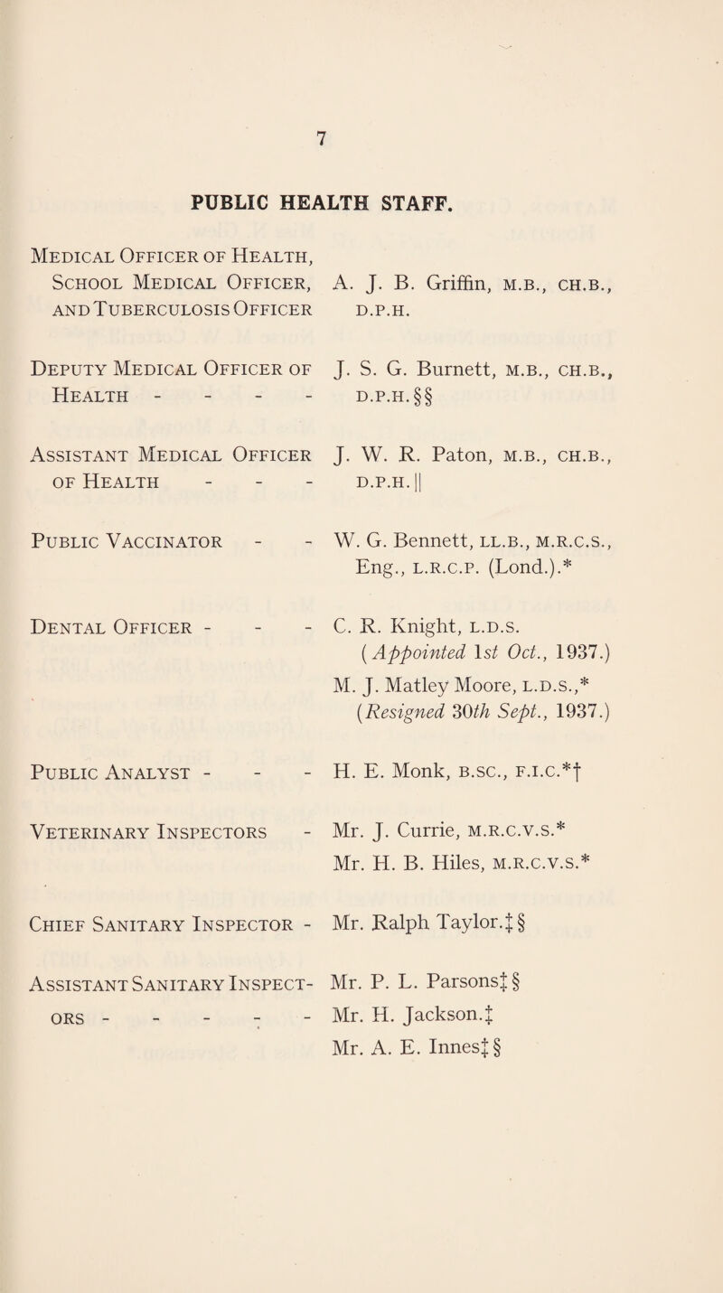 PUBLIC HEALTH STAFF. Medical Officer of Health, School Medical Officer, and Tuberculosis Officer Deputy Medical Officer of Health - Assistant Medical Officer of Health - - - Public Vaccinator Dental Officer - Public Analyst - Veterinary Inspectors Chief Sanitary Inspector - Assistant Sanitary Inspect¬ ors - A. J. B. Griffin, m.b., ch.b., D.P.H. J. S. G. Burnett, m.b., ch.b., d.p.h.§§ J. W. R. Paton, m.b., ch.b., D.P.H. || W. G. Bennett, ll.b., m.r.c.s., Eng., l.r.c.p. (Bond.).* C. R. Knight, l.d.s. (Appointed 1st Oct., 1937.) M. J. Matley Moore, l.d.s.,* (.Resigned 30th Sept., 1937.) H. E. Monk, b.sc., f.i.c.*| Mr. J. Currie, m.r.c.v.s.* Mr. H. B. Hiles, m.r.c.v.s.* Mr. Ralph Taylor.! § Mr. P. L. Parsons! § Mr. H. Jackson.| Mr. A. E. Innes!§