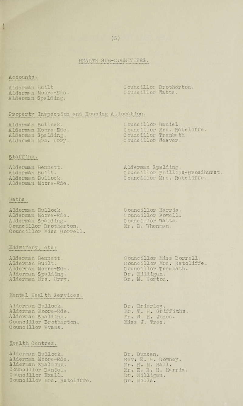 HEALTH SUB-COMMITTEES A c c punts• Alderman Built Councillor Brotherton. A lderma n Moore -Ede . C ounc ill or Watts . A Id e rma n S pa Id ing. Property Inspection and Housing Allocation. Alderman Bullock, A Id e rma n M o or e-Ed e. AIderman Spa Iding. AId e rma n Mrs. Urry„ C ouncillor C ouncillor C ouncillor C ouncillor Daniel Mrso Ratcliffe. Tremba th . Weaver Staffing o Alderman Alderman A Merman Alderman Bennett. Built. Bullock. Moore-Ede. ■paths AIderma n Bullock AIderman Moore-Ede. AIderman Spa Iding. Councillor Brother torn., Councillor Miss Dorrell. AId erma n Spa Iding. C ouncillor phillips-Broadhurst. C oun c i 11 or Mr s . Ra t c 1 if f e . C oun c i 11 or Harris, Councillor Powell. C ouncillor Watts. Mr. B. Whenman. Midwiferv, etc s A lderman Alderman Alderman Alderman Alderman Bennett, Built. Moore-Ede. S pa Id ing. Mrs. Urrv. Councillor Miss Dorrell, Councillor Mrs. Ratcliffe. Councillor Trembath. Dr. Milligan. Dr. M. Norton. Me ntal Pie al th S e rv ices, Alderman Bullock. Alderman Moore-Ede. A Id e rma n S pa Id ing. Councillor Brotherton. Councillor Evans. Dr. Brier ley. Mr. T. PI. Griffiths. Mr. W- H. Jones. Miss J. Tree, Health Centres. Alderman Bullock, Dr. Duncan. Alderman Mooro-Ede. Rev ; E. H. Downey. A Id e rma n S pa Iding. Mr. R • M . Ha 11. Councillor Daniel. Mr. E. R. H. Harris. Councillor Exall. Dr. Milligan. C ouncillor Mrs. Ratcliffe. Dr. Mills.