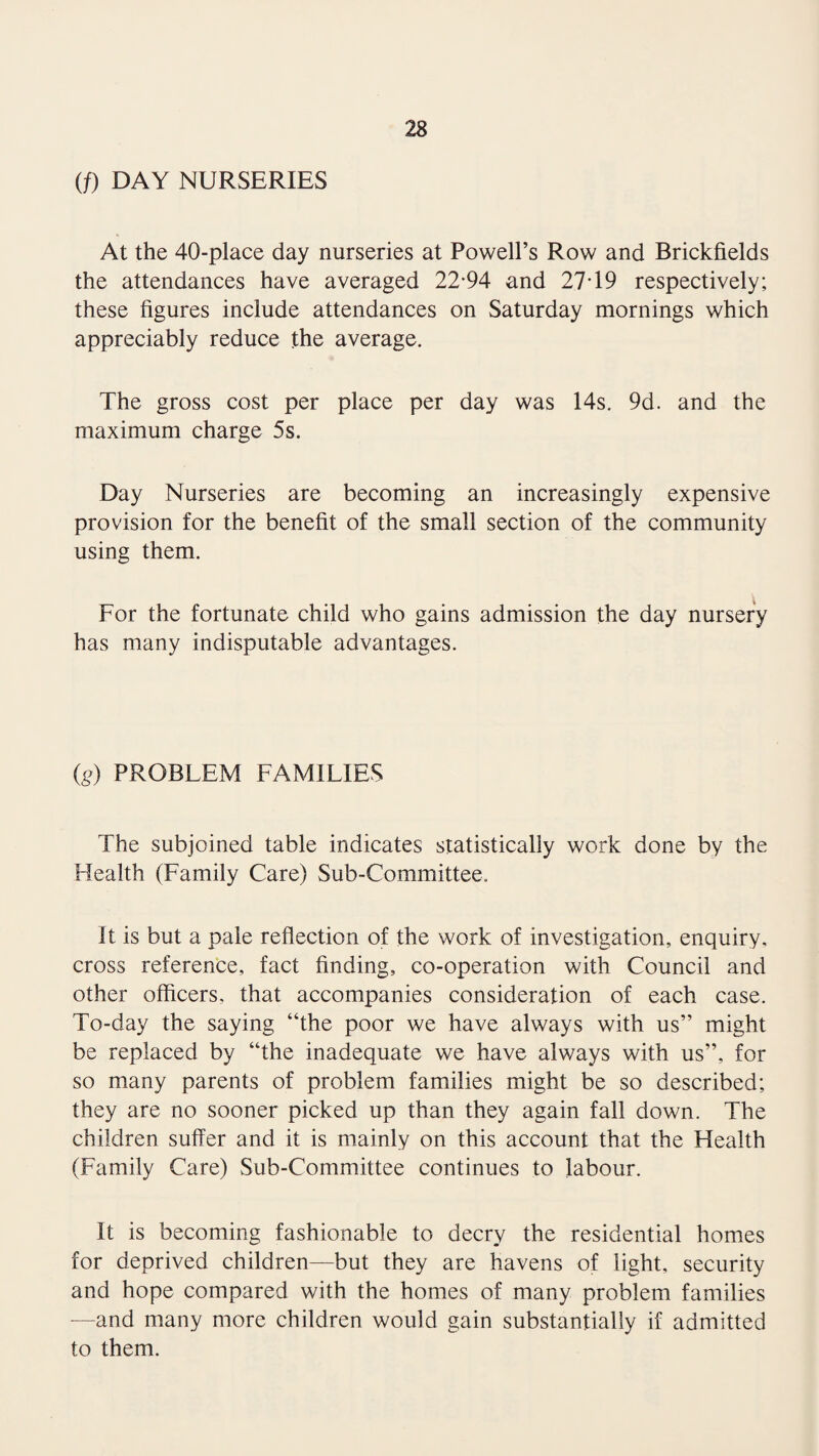 (f) DAY NURSERIES At the 40-place day nurseries at Powell’s Row and Brickfields the attendances have averaged 22*94 and 27*19 respectively; these figures include attendances on Saturday mornings which appreciably reduce the average. The gross cost per place per day was 14s. 9d. and the maximum charge 5s. Day Nurseries are becoming an increasingly expensive provision for the benefit of the small section of the community using them. For the fortunate child who gains admission the day nursery has many indisputable advantages. (g) PROBLEM FAMILIES The subjoined table indicates statistically work done by the Health (Family Care) Sub-Committee. it is but a pale reflection of the work of investigation, enquiry, cross reference, fact finding, co-operation with Council and other officers, that accompanies consideration of each case. To-day the saying “the poor we have always with us” might be replaced by “the inadequate we have always with us”, for so many parents of problem families might be so described; they are no sooner picked up than they again fall down. The children suffer and it is mainly on this account that the Health (Family Care) Sub-Committee continues to labour. It is becoming fashionable to decry the residential homes for deprived children—but they are havens of light, security and hope compared with the homes of many problem families —and many more children would gain substantially if admitted to them.