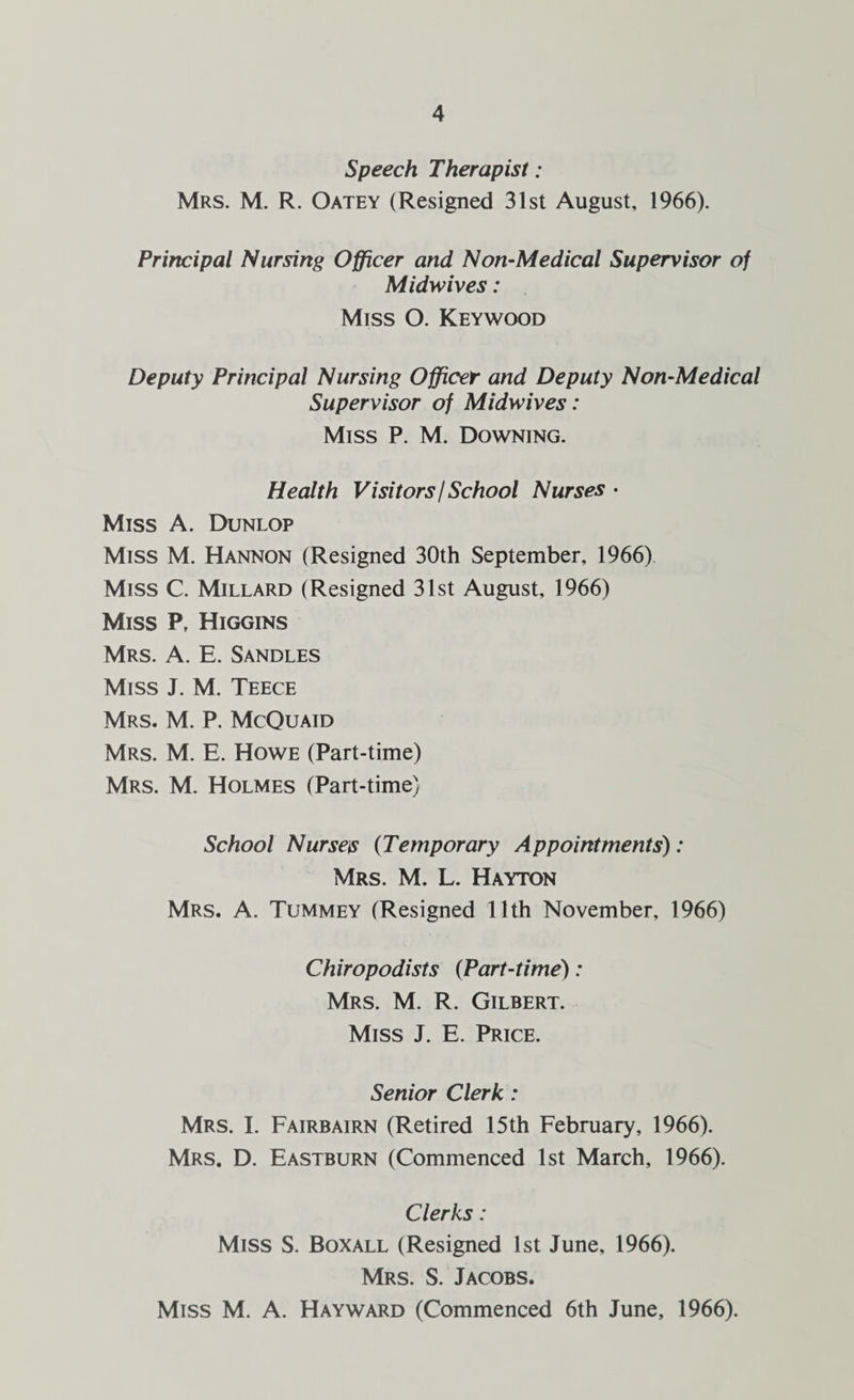 Speech Therapist: Mrs. M. R. Oatey (Resigned 31st August, 1966). Principal Nursing Officer and Non-Medical Supervisor of Midwives: Miss O. Keywood Deputy Principal Nursing Officer and Deputy Non-Medical Supervisor of Midwives: Miss P. M. Downing. Health Visitors/School Nurses • Miss A. Dunlop Miss M. Hannon (Resigned 30th September, 1966) Miss C. Millard (Resigned 31st August, 1966) Miss P, Higgins Mrs. a. E. Sandles Miss J. M. Teece Mrs. M. P. McQuaid Mrs. M. E. Howe (Part-time) Mrs. M. Holmes (Part-time) School Nurses {Temporary Appointments): Mrs. M. L. Hayton Mrs. a. Tummey (Resigned 11th November, 1966) Chiropodists (Part-time): Mrs. M. R. Gilbert. Miss J. E. Price. Senior Clerk: Mrs. I. Fairbairn (Retired 15th February, 1966). Mrs. D. Eastburn (Commenced 1st March, 1966). Clerks: Miss S. Boxall (Resigned 1st June, 1966). Mrs. S. Jacobs. Miss M. A. Hayward (Commenced 6th June, 1966).