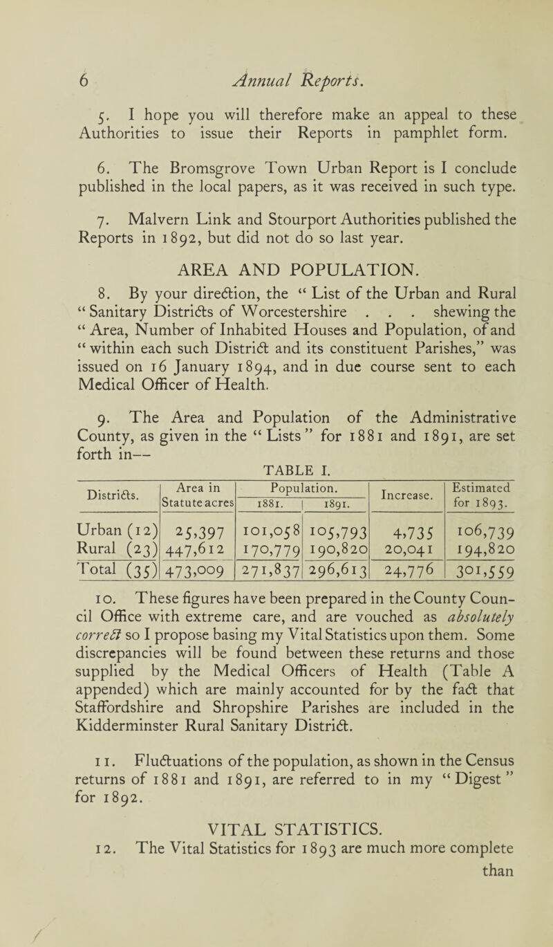 5. I hope you will therefore make an appeal to these Authorities to issue their Reports in pamphlet form. 6. The Bromsgrove Town Urban Report is I conclude published in the local papers, as it was received in such type. 7. Malvern Link and Stourport Authorities published the Reports in 1892, but did not do so last year. AREA AND POPULATION. 8. By your direction, the “ List of the Urban and Rural “ Sanitary Districts of Worcestershire . . . shewing the “Area, Number of Inhabited Houses and Population, of and “ within each such District and its constituent Parishes,” was issued on 16 January 1894, and in due course sent to each Medical Officer of Health. 9. The Area and Population of the Administrative County, as given in the “ Lists” for 1881 and 1891, are set forth in— TABLE I. Districts. Area in Population. Increase. Estimated Statute acres 1881. 1891. for 1893. Urban (12) Rural (23) 25U97 447,612 101,058 170,779 105,793 190,820 4,735 20,041 106,739 194,820 Total (35) 473,°°9 271,837 296,613 24,776 301,559 10. These figures have been prepared in the County Coun¬ cil Office with extreme care, and are vouched as absolutely correct so I propose basing my Vital Statistics upon them. Some discrepancies will be found between these returns and those supplied by the Medical Officers of Health (Table A appended) which are mainly accounted for by the fact that Staffordshire and Shropshire Parishes are included in the Kidderminster Rural Sanitary District. 11. Fluctuations of the population, as shown in the Census returns of 1881 and 1891, are referred to in my “Digest” for 1892. VITAL STATISTICS. 12. The Vital Statistics for 1893 are much more complete than