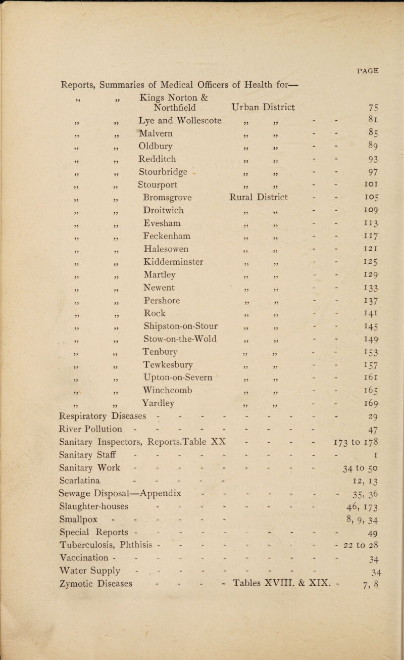 PAGE Reports, Summaries of Medical Officers of Health for— 11 it Kings Norton & Northfield Urban District 11 it Lye and Wollescote a a - 11 it Malvern a a - 11 ti Oldbury a tt - 11 a Redditch a i) - 11 it Stourbridge a it - 11 a Stourport it a - 11 it Bromsgrove Rural District - 11 it Droitwich 11 11 - 11 a Evesham 11 11 - 11 a Feckenham 11 11 - 11 a Halesowen 11 11 - 11 a Kidderminster 11 11 - 11 a Martley 11 11 - 11 a Newent 11 11 - 11 a Pershore 11 11 - 11 a Rock 11 11 - 11 a Shipston-on-Stour 11 11 - 11 a Stow-on-the-Wold 11 11 - 11 a Tenbury 11 11 - 11 tt Tewkesbury 11 11 - 11 a Upton-on-Severn 11 11 - 11 tt Winchcomb 11 11 - 11 a Yardley 11 11 - Respiratory Diseases - River Pollution. Sanitary Inspectors, Reports.Table XX Sanitary Staff - Sanitary Work - Scarlatina - Sewage Disposal—Appendix Slaughter-houses - Smallpox ------ Special Reports - Tuberculosis, Phthisis - - - - Vaccination ------ Water Supply . - 75 81 85 89 93 97 101 105 109 113 117 121 125 129 133 137 141 145 149 153 157 161 165 169 29 47 173 to 178 1 34 to 5o 12, 13 - 35) 36 46, 173 8, 9, 34 49 - 22 to 28 34 34 7,8