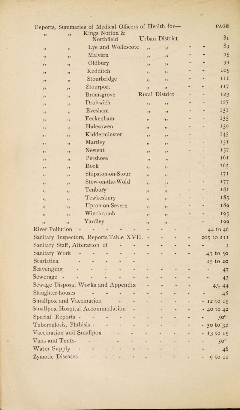 Reports, Summaries of Medical Officers of Health for— „ „ Kings Norton & Northfield Urban District „ ,, Lye and Wollescote „ „ page 8i 89 „ „ Malvern a a - 95 „ „ Oldbury 55 a - 99 „ „ Redditch 55 a - 105 „ „ Stourbridge a a - 111 „ „ Stourport a a - 117 „ ,, Bromsgrove Rural District - 123 ,, „ DroitwiCh 55 a - 127 „ ,, Evesham a a - I3I ,, „ Feckenham a /55 - 135 ,, „ Halesowen 5) 55 - 139 ,, „ Kidderminster 55 55 - H5 ,, „ Martley 55 a - 151 ,, ,, Newent 55 55 - 157 ,, „ Pershore 55 a - 161 )> ,, Rock a a - 165 ,, „ Shipston-on-Stour 55 55 - 171 „ „ Stow-on-the-Wold a a - 177 „ „ Tenbuty a a 181 „ „ Tewkesbury 55 a - 185 „ „ Upton-on-Severn a a - 189 ,, ,, Winchcomb a a - 195 „ „ Yardley a 55 - 199 River Pollution ----- 44 to 46 Sanitary Inspectors, Reports.Table XVII. - - - 205 to 211 Sanitary Staff, Alteration of - - - 1 Sanitary Work ----- - - - 43 to 50 Scarlatina ----- Scavenging ----- . 15 to 20 47 Sewerage ------ - - - 43 Sewage Disposal Works and Appendix - - - 43) 44 Slaughter-houses - - - - - - - 48 Smallpox and Vaccination - - - - 12 to 15 Smallpox Hospital Accommodation - - - - 40 to 42 Special Reports. 5°g Tuberculosis, Phthisis - - - - - 30 to 32 Vaccination and Smallpox - - - - 13 to 15 Vans and Tents- - - - - - - - ^oF w Water Supply. - - - 46