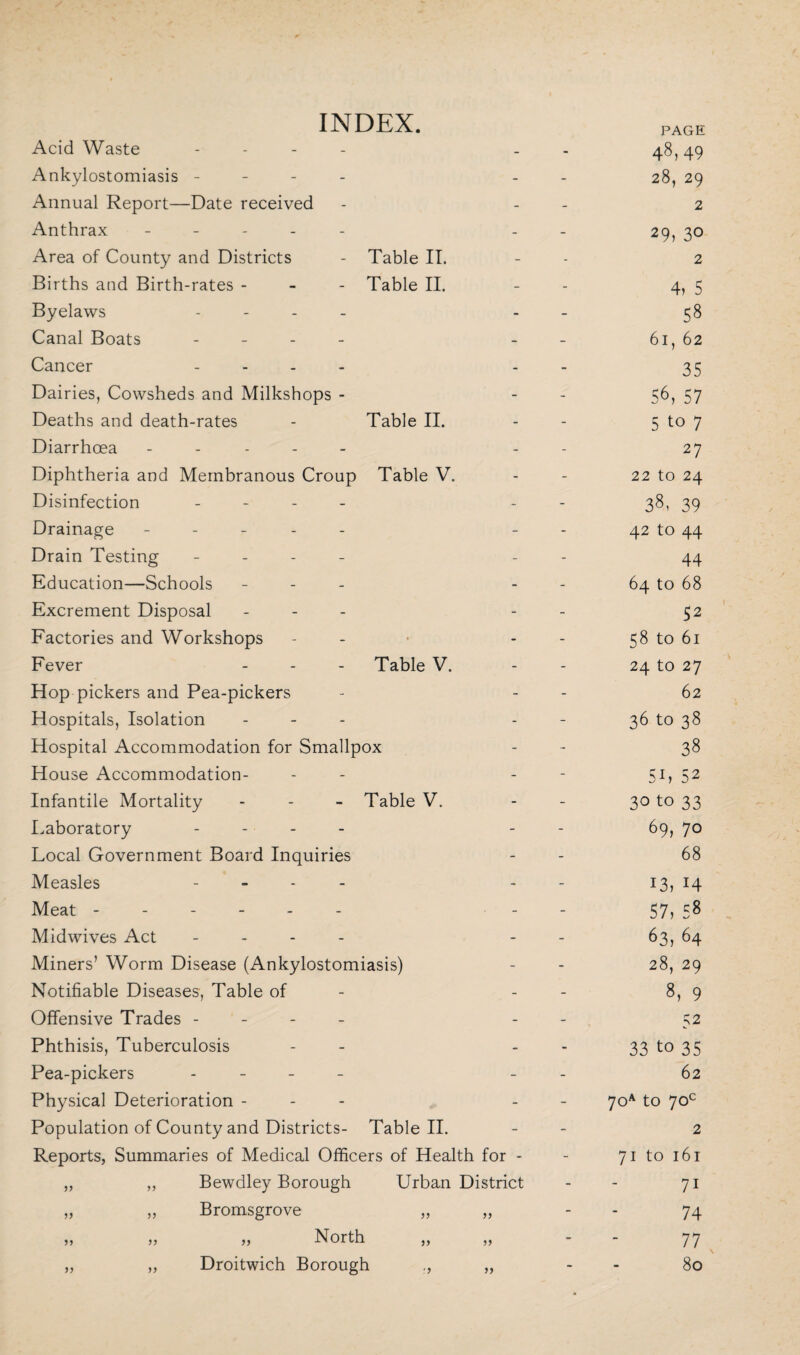 INDEX. Acid Waste - Ankylostomiasis - Annual Report—Date received Anthrax ----- Area of County and Districts - Table II. Births and Birth-rates - - - Table II. Byelaws - Canal Boats - Cancer - Dairies, Cowsheds and Milkshops - Deaths and death-rates - Table II. Diarrhoea - Diphtheria and Membranous Croup Table V. Disinfection - Drainage ----- Drain Testing - - - - Education—Schools - Excrement Disposal - Factories and Workshops - Fever - - - Table V. Hop pickers and Pea-pickers Hospitals, Isolation - - - Hospital Accommodation for Smallpox House Accommodation- Infantile Mortality - - - Table V. Laboratory - - - Local Government Board Inquiries Measles - Meat ------ - Midwives Act - Miners’ Worm Disease (Ankylostomiasis) Notifiable Diseases, Table of Offensive Trades - Phthisis, Tuberculosis Pea-pickers - Physical Deterioration - Population of County and Districts- Table II. Reports, Summaries of Medical Officers of Health for - „ ,, Bewdley Borough Urban District „ „ Bromsgrove „ North Droitwich Borough ) y PAGE 48> 49 28, 29 2 29, 30 2 4, 5 58 61, 62 35 56,57 5 to 7 27 22 tO 24 38. 39 42 to 44 44 64 to 68 52 58 to 61 24 to 27 62 36 to 38 38 5U 52 30 to 33 69, 70 68 13, 14 57, 58 63, 64 28, 29 8, 9 S2 33 to 35 62 7oa to 70° 2 71 to 161 7i 74 77 80