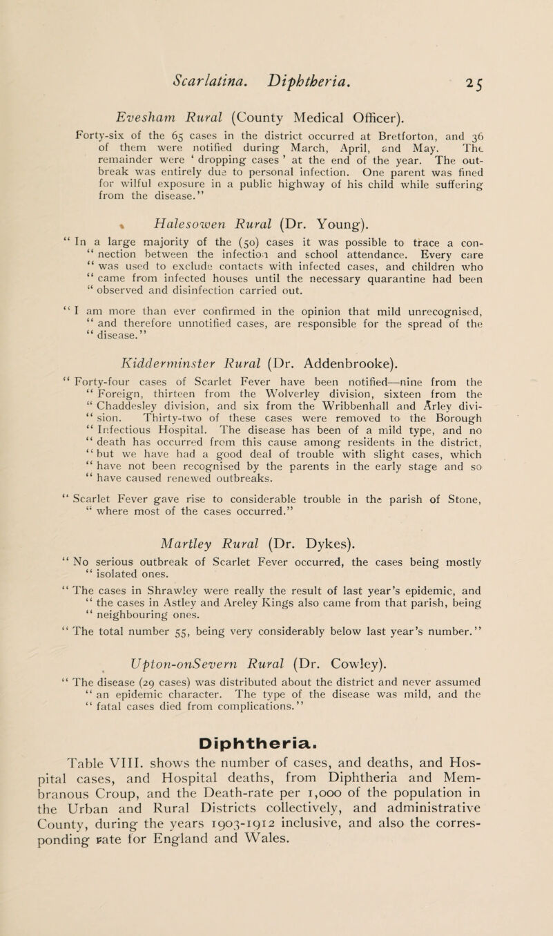 Evesham Rural (County Medical Officer). Forty-six of the 65 cases in the district occurred at Bretforton, and 36 of them were notified during March, April, and May. The remainder were ‘ dropping cases ’ at the end of the year. The out¬ break was entirely due to personal infection. One parent was fined for wilful exposure in a public highway of his child while suffering from the disease.” % Halesowen Rural (Dr. Young). “ In a large majority of the (50) cases it was possible to trace a con- “ nection between the infection and school attendance. Every care “ was used to exclude contacts with infected cases, and children who “ came from infected houses until the necessary quarantine had been “ observed and disinfection carried out. “ I am more than ever confirmed in the opinion that mild unrecognised, “ and therefore unnotified cases, are responsible for the spread of the “ disease.” Kidderminster Rural (Dr. Addenbrooke). “ Forty-four cases of Scarlet Fever have been notified—nine from the “ Foreign, thirteen from the Wolverley division, sixteen from the “ Chaddesley division, and six from the Wribbenhall and Arley divi- “ sion. Thirty-two of these cases were removed to- the Borough “ Infectious Hospital. The disease has been of a mild type, and no “ death has occurred from this cause among residents in the district, “but we have had a good deal of trouble with slight cases, which “ have not been recognised by the parents in the early stage and so- “ have caused renewed outbreaks. “ Scarlet Fever gave rise to considerable trouble in the parish of Stone, c< where most of the cases occurred.” Hartley Rural (Dr. Dykes). “ No serious outbreak of Scarlet Fever occurred, the cases being mostly “ isolated ones. “ The cases in Shrawley were really the result of last year’s epidemic, and “ the cases in Astley and Areley Kings also came from that parish, being “ neighbouring ones. “ The total number 55, being very considerably below last year’s number.” Upton-onSevern Rural (Dr. Cowley). “ The disease (29 cases) was distributed about the district and never assumed “ an epidemic character. The type of the disease was mild, and the “ fatal cases died from complications.” Diphtheria. Table VIII. shows the number of cases, and deaths, and Hos¬ pital cases, and Hospital deaths, from Diphtheria and Mem¬ branous Croup, and the Death-rate per 1,000 of the population in the Urban and Rural Districts collectively, and administrative County, during the years 1903-1912 inclusive, and also the corres¬ ponding pate for England and Wales.