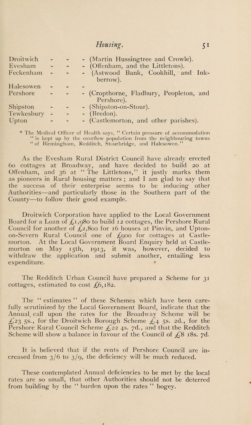 Droitwich Evesham Feckenham Halesowen Pershore Shipston Tewkesbury Upton (Martin Hussingtree and Crowle). (Offenham, and the Littletons). (Astwood Bank, Cookhill, and Ink- berrow). (Cropthorne, Fladbury, Peopleton, and Pershore). (Shipston-on-Stour). (Bredon). (Castlemorton, and other parishes). * The Medical Officer of Health says, “ Certain pressure of accommodation “ is kept up by the overflow population from the neighbouring towns “of Birmingham, Redditch, Stourbridge, and Halesowen.” As the Evesham Rural District Council have already erected 60 cottages at Broadway, and have decided to build 20 at Offenham, and 36 at “ The Littletons,” it justly marks them as pioneers in Rural housing matters ; and I am glad to say that the success of their enterprise seems to be inducing other Authorities—and particularly those in the Southern part of the County—to follow their good example. Droitwich Corporation have applied to the Local Government Board for a Loan of ^1,980 to build 12 cottages, the Pershore Rural Council for another of £2,800 for 16 houses at Pinvin, and Upton- on-Severn Rural Council one of £900 for cottages at Castle¬ morton. At the Local Government Board Enquiry held at Castle¬ morton on May 15th, 1913, it was, however, decided to withdraw the application and submit another, entailing less expenditure. The Redditch Urban Council have prepared a Scheme for 31 cottages, estimated to cost £6,182. The “ estimates ” of these Schemes which have been care¬ fully scrutinized by the Local Government Board, indicate that the Annual call upon the rates for the Broadway Scheme will be ^23 5s., for the Droitwich Borough Scheme £4. 5s. 2d., for the Pershore Rural Council Scheme £22 4s. 7d., and that the Redditch Scheme will show a balance in favour of the Council of £8 18s. 7d. It is believed that if the rents of Pershore Council are in¬ creased from 3/6 to 3/9, the deficiency will be much reduced. These contemplated Annual deficiencies to be met by the local rates are so small, that other Authorities should not be deterred from building by the “ burden upon the rates ” bogey. s 4
