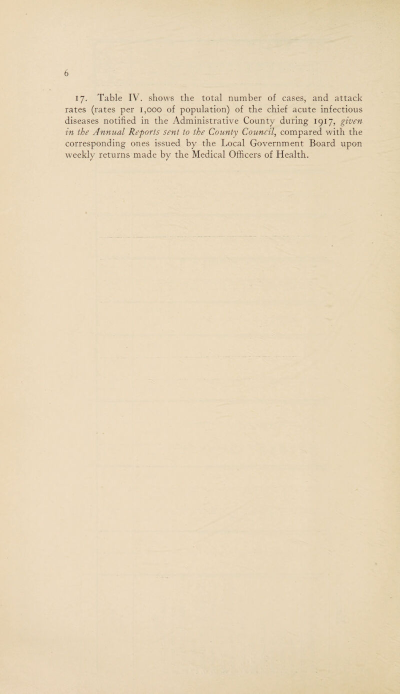 17. Table IV. shows the total number of cases, and attack rates (rates per 1,000 of population) of the chief acute infectious diseases notified in the Administrative County during 1917, given in the Annual Reports sent to the County Council, compared with the corresponding ones issued by the Local Government Board upon weekly returns made by the Medical Officers of Health.