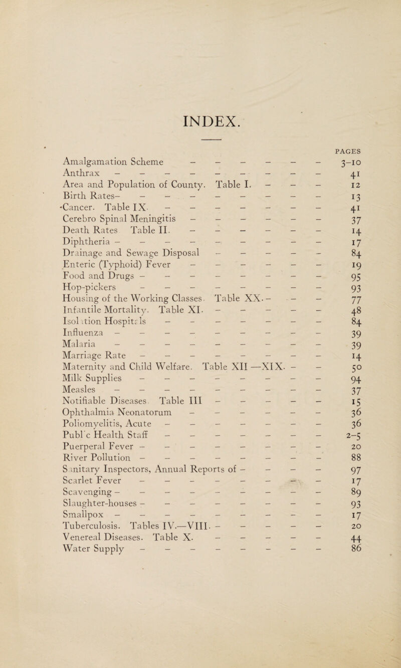 INDEX. PAGES Amalgamation Scheme - — — — — — 3-10 Anthrax - - - - 41 Area and Population of County. Table I. - - — 12 Birth Rates- - - - 13 ‘Cancer. Table IX- - - — — — — — 41 Cerebro Spinal Meningitis - — — — — — 37 Death Rates Table II. - — — — — — H Diphtheria - - - - — — — — — i7 Drainage and Sewage Disposal — — — — — 84 Enteric (Typhoid) Fever _____ — 19 Food and Drugs - - - _ _ _ _ — 95 Hop-pickers - - _ _ — — — 93 Housing of the Working Classes. Table XX.- - — 77 Infantile Mortality. Table XI- — _ — 48 Isolation Hospitals - _ — — — — 84 Influenza - - - - _ _ — — — 39 Malaria - - - — — _ _ — 39 Marriage Rate - - _ _ _ _ — H Maternity and Child Welfare. Table XII—XIX- - — 5° Milk Supplies - — - _ _ _ _ — 94 Measles - - - - _ — _ _ — 37 Notifiable Diseases. Table III _ _ _ _ — 15 Ophthalmia Neonatorum _ _ _ _ — 36 Poliomyelitis, Acute _ — _ _ — 36 Pubi c Health Staff - - _ _ _ — — 2-5 Puerperal Fever - - - _ _ _ _ — 20 River Pollution - - _ _ _ _ — 88 S mitary Inspectors, Annual Reports of - - - — 97 Scarlet Fever - - — _ _ _ — 17 Scavenging - _ _ _ _ — 89 Slaughter-houses - - _ _ _ — — 93 Smallpox - - - - i7 Tuberculosis. Tables IV.—VIII- _ _ _ _ — 20 Venereal Diseases. Table X. _ — — — — 44 Water Supply - - - _ — — _ — 86