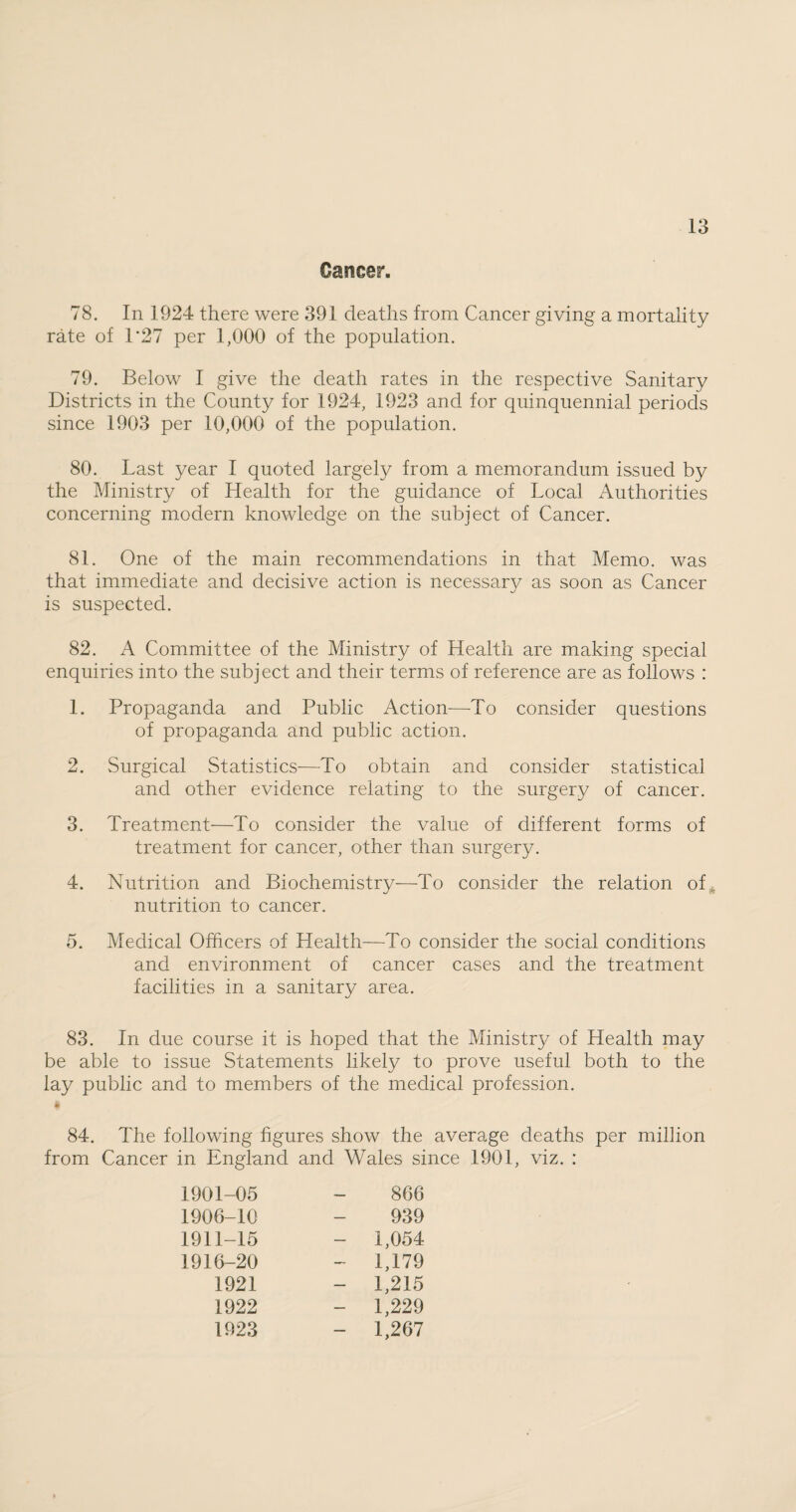 Cancer. 78. In 1924 there were 391 deaths from Cancer giving a mortality rate of L27 per 1,000 of the population. 79. Below I give the death rates in the respective Sanitary Districts in the County for 1924, 1923 and for quinquennial periods since 1903 per 10,000 of the population. 80. Last year I quoted largely from a memorandum issued by the Ministry of Health for the guidance of Local Authorities concerning modern knowledge on the subject of Cancer. 81. One of the main recommendations in that Memo, was that immediate and decisive action is necessary as soon as Cancer is suspected. 82. A Committee of the Ministry of Health are making special enquiries into the subject and their terms of reference are as follows : 1. Propaganda and Public Action—To consider questions of propaganda and public action. 2. Surgical Statistics-—To obtain and consider statistical and other evidence relating to the surgery of cancer. 3. Treatment—To consider the value of different forms of treatment for cancer, other than surgery. 4. Nutrition and Biochemistry—To consider the relation of nutrition to cancer. 5. Medical Officers of Health—To consider the social conditions and environment of cancer cases and the treatment facilities in a sanitary area. 83. In due course it is hoped that the Ministry of Health may be able to issue Statements likely to prove useful both to the lay public and to members of the medical profession. # 84. The following figures show the average deaths per million from Cancer in England and Wales since 1901, viz. : 1901-05 866 1906-10 939 1911-15 - 1,054 1916-20 - 1,179 1921 - 1,215 1922 1,229 1923 - 1,267