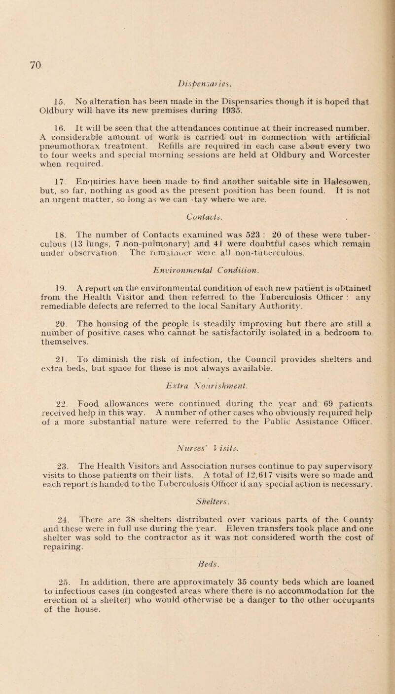 Dispensao ies. 15. No alteration has been made in the Dispensaries though it is hoped that Oldbury will have its new premises during 1935. 16. It will be seen that the attendances continue at their increased number. A considerable amount of work is carried out in connection with artificial pneumothorax treatment. Refills are required in each case about every two to four weeks and special morning sessions are held at Oldbury and Worcester when required. 17. Enquiries have been made to find another suitable site in Halesowen, but, so far, nothing as good as the present position has been found. It is not an urgent matter, so long as we can -tay where we are. Contacts. 18. The number of Contacts examined was 523 : 20 of these were tuber¬ culous (13 lungs, 7 non-pulmonary) and 41 were doubtful cases wTiich remain under observation. The remainder weie all non-tuLerculous. Environmental Condilion. 19. A report on the environmental condition of each new patient is obtained from the Health Visitor and then referred to the Tuberculosis Officer : any remediable defects are referred to the local Sanitary Authority. 20. The housing of the people is steadily improving but there are still a number of positive cases who cannot be satisfactorily isolated in a bedroom to themselves. 21. To diminish the risk of infection, the Council provides shelters and extra beds, but space for these is not always available. Extra Nourishment. 22. Food allowances were continued during the year and 69 patients received help in this way. A number of other cases w'ho obviously required help of a more substantial nature were referred to the Public Assistance Officer. Nurses' l isits. 23. The Health Visitors and Association nurses continue to pay supervisory visits to those patients on their lists. A total of 12,617 visits were so made and each report is handed to the Tuberculosis Officer if any special action is necessary. Shelters. 24. There are 3b shelters distributed over various parts of the County and these were in full use during the year. Eleven transfers took place and one shelter was sold to the contractor as it was not considered worth the cost of repairing. Beds. 25. In addition, there are approximately 35 county beds which are loaned to infectious cases (in congested areas wdiere there is no accommodation for the erection of a shelter) who would otherwise be a danger to the other occupants of the house.