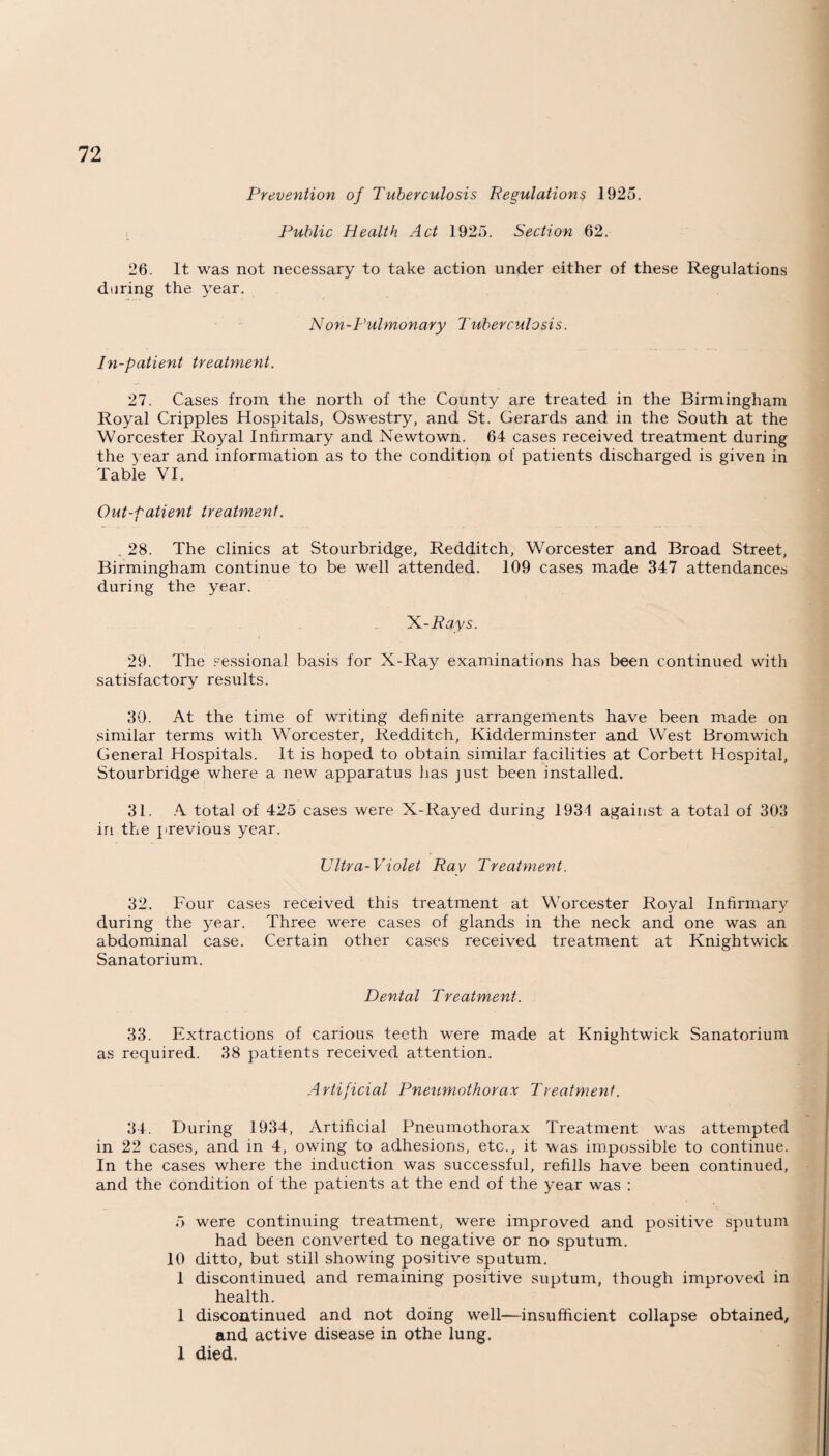 Prevention of Tuberculosis Regulations 1925. Public Health Act 1925. Section 62. 26. It was not necessary to take action under either of these Regulations daring the year. Non-Pulmonary Tuberculosis. In-patient treatment. 27. Cases from the north of the County are treated in the Birmingham Royal Cripples Hospitals, Oswestry, and St. Gerards and in the South at the Worcester Royal Infirmary and Newtown. 64 cases received treatment during the year and information as to the condition of patients discharged is given in Table VI. Out-patient treatment. . 28. The clinics at Stourbridge, Redditch, Worcester and Broad Street, Birmingham continue to be well attended. 109 cases made 347 attendances during the year. X-Pays. 29. The sessional basis for X-Ray examinations has been continued with satisfactory results. 30. At the time of writing definite arrangements have been made on similar terms with Worcester, Redditch, Kidderminster and West Bromwich General Hospitals. It is hoped to obtain similar facilities at Corbett Hospital, Stourbridge where a new apparatus has just been installed. 31. A total of 425 cases were X-Rayed during 1934 against a total of 303 iri the previous year. Ultra-Violet Ray Treatment. 32. Four cases received this treatment at Worcester Royal Infirmary during the year. Three were cases of glands in the neck and one was an abdominal case. Certain other cases received treatment at Knightwick Sanatorium. Dental Treatment. 33. Extractions of carious teeth were made at Knightwick Sanatorium as required. 38 patients received attention. Artificial Pneumothorax Treatment. 34. During 1934, Artificial Pneumothorax Treatment was attempted in 22 cases, and in 4, owing to adhesions, etc., it was impossible to continue. In the cases where the induction was successful, refills have been continued, and the condition of the patients at the end of the year was : 5 were continuing treatment, were improved and positive sputum had been converted to negative or no sputum. 10 ditto, but still showing positive sputum. 1 discontinued and remaining positive suptum, though improved in health. 1 discontinued and not doing well—insufficient collapse obtained, and active disease in othe lung. 1 died.