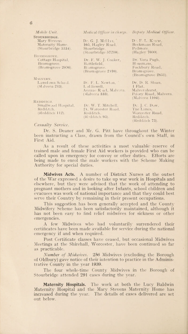 Mobile Unit. Stourbridge. Mary Stevens Maternity Home. (Stourbridge 6634). Bromsgrove. Cottage Hospital, Bromsgrove. (Bromsgrove 2096). Mvlvern. Lansdown Soho d. (M ilvern 2 16). Redditch . Smallwood Redditch. (Redditch 1 1 Iospital, Casualty Service. Medial Officer in charge. Deputy Medical Officer Do G. J. Mil hi, ' 10.), Hagley Road, Stourbridge. (Stourbridge 67210). D \ F. D. K nne, Beckmans Road, Fed more. (Hagley 7000). Dr. F. W. J. Coaker, Battlefield, Bromsgrove. (Bromsgrove 2)30). Dr. Vera Pugh, H uismuns, Fockbury Road, Bromsgrove. (Bromsgrove 2861). Dr. F. L. Newton, L idiiswell, Avenue R iad, Malvern. (Malvern 333). Dr. 1>. It. Sloan, 1 Flat, Malvernhnrst, Priory Road, Malvern. (Malvern 1104). Dr. W. T. Mitchell, 21, Worcester Road, Redditch. (Redditch 93). Dr. J. C. Dow, The Limes, Worcester Road, Redditch. (Redditch 73). Dr. S. Deaner and Mr. G. Pitt have throughout the Winter been instructing a Class, drawn from the Council’s own Staff, in First Aid. As a result of these activities a most valuable reserve of trained male and female First Aid workers is provided who can be called upon in emergency for convoy or other duties. Efforts are being made to enrol the male workers with the Scheme Making Authority for special duties. Midwives Acts. A number of District Nurses at the outset of the War expressed a desire to take up war work in Hospitals and elsewhere, but they were advised that the work of attending to pregnant mothers and in looking after Infants, school children and evacuees was work of national importance and that they could best serve their Country by remaining in their present occupations. This suggestion has been generally accepted and the County Midwifery Scheme has been satisfactorily maintained, although it has not been easy to find relief midwives for sickness or other emergencies. A few Midwives who had voluntarily surrendered their certificates have been made available for service during the national emergency if and when required. Post Certificate classes have ceased, but occasional Midwives Meetings at the Shirehall, Worcester, have been continued so far as practicable. Number of Midwives. 256 Midwives (excluding the Borough of Oldbury) gave notice of their intention to practice in the Adminis¬ trative County in the year 1939. The four whole-time County Midwives in the Borough of Stourbridge attended 291 cases during the year. Maternity Hospitals. The work at both the Lucy Baldwin Maternity Hospital and the Mary Stevens Maternity Home has increased during the year. The details of cases delivered are set out below.