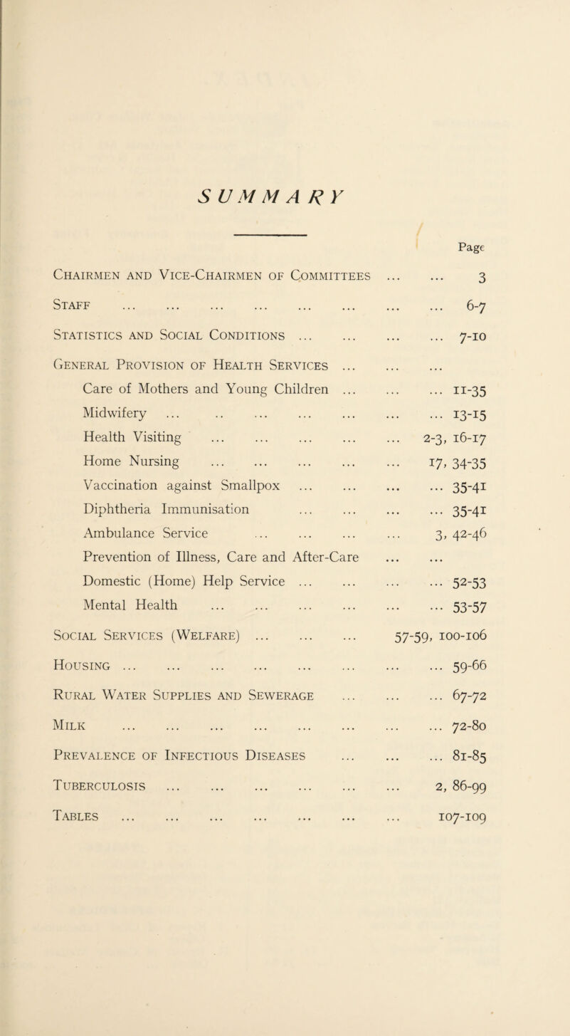 S U M M A R Y Chairmen and Vice-Chairmen of Committees Staff . Statistics and Social Conditions . General Provision of Health Services ... Care of Mothers and Young Children ... Midwifery Health Visiting Home Nursing Vaccination against Smallpox Diphtheria Immunisation Ambulance Service Prevention of Illness, Care and After-Care Domestic (Home) Help Service ... Mental Health Social Services (Welfare) . Housing. Rural Water Supplies and Sewerage Milk . Prevalence of Infectious Diseases Tuberculosis . Page ... d ... 6-7 ... 7-10 ... ii-35 ... 13-15 2-3, 16-17 17> 34-35 ••• 35-41 ••• 35-41 3, 42-46 • • • • ••• 52-53 ••• 53-57 57-59, 100-106 ... 59-66 ... 67-72 ... 72-80 ... 81-85 2, 86-99 107-109 Tables