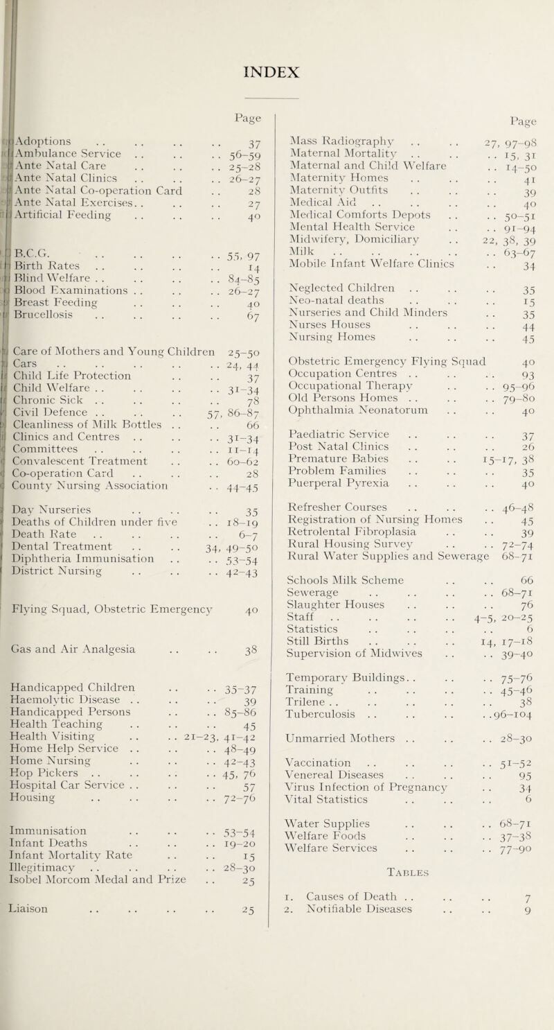INDEX Page 0: Adoptions 37 n Ambulance Service •• 56-59 t Ante Natal Care .. 25-28 ■ fAnte Natal Clinics .. 26-27 fflAnte Natal Co-operation Card 28 tAnte Natal Exercises. . 27 j f Artificial Feeding 40 I B.C.G. . ) Birth Rates • • 55, 97 14 Blind Welfare . . .. 84-85 Blood Examinations . . .. 26—27 Breast Feeding 40 u Brucellosis 67 ■ x , h Care of Mothers and Young Children 25-so Cars • • 24, 44 b Child Life Protection 37 X Child Welfare . . £ Chronic Sick . . •• 31-34 78 * Civil Defence . . 57, 86-87 j Cleanliness of Milk Bottles . . 66 i Clinics and Centres •• 31-34 Committees .. 11-14 [ Convalescent Treatment .. 60—62 ; Co-operation Card 28 County Nursing Association •• 44-45 Day Nurseries 35 Deaths of Children under five .. 18-19 Death Rate 6-7 Dental Treatment 34, 49-50 Diphtheria Immunisation • • 53-54 District Nursing • • 42-43 Flying Squad, Obstetric Emergency 40 Gas and Air Analgesia . . . . 38 Handicapped Children Haemolytic Disease . Handicapped Persons Health Teaching Health Visiting Home Help Service . Home Nursing Hop Pickers . . Hospital Car Service . Housing • • 35-37 39 .. 85-86 21-23, 45 4T~42 48-49 42-43 45. 76 57 72-76 Mass Radiography Page 27, 97-98 Maternal Mortality • • 15, 3i Maternal and Child Welfare •• 14-50 Maternity Homes 41 Maternity Outfits 39 Medical Aid 40 Medical Comforts Depots •• 5°-5i Mental Health Service • • 9i-94 Midwifery, Domiciliary 22, 38, 39 Milk. . . 63—67 Mobile Infant Welfare Clinics 34 Neglected Children 35 Neo-natal deaths 15 Nurseries and Child Minders 35 Nurses Houses 44 Nursing Homes 45 Obstetric Emergency Flying Squad 40 Occupation Centres 93 Occupational Therapy . . 95-96 Old Persons Homes . . 79-80 Ophthalmia Neonatorum 40 Paediatric Service 37 Post Natal Clinics 26 Premature Babies 15-17, 38 Problem Families 35 Puerperal Pyrexia 40 Refresher Courses .. 46—48 Registration of Nursing Homes 45 Retrolental Fibroplasia 39 Rural Housing Survey .. 72-74 Rural Water Supplies and Sewerage 68-71 Schools Milk Scheme 66 Sewerage .. 68-71 Slaughter Houses 76 Staff 4-5, 20-25 Statistics 6 Still Births H -L H 4 1 H 00 Supervision of Midwives •• 39-4° Temporary Buildings. . •• 75-76 Training •• 45-46 Trilene 38 Tuberculosis ..96-104 Unmarried Mothers .. 28-30 Vaccination •• 5r-52 Venereal Diseases 95 Virus Infection of Pregnancy 34 Vital Statistics 6 Immunisation Infant Deaths Infant Mortality Rate Illegitimacy Isobel Morcom Medal and Prize Liaison 53-54 19-20 15 28-30 25 25 Water Supplies Welfare Foods Welfare Services Tables 1. Causes of Death . . 2. Notifiable Diseases 68-71 37-38 77-90 7 9