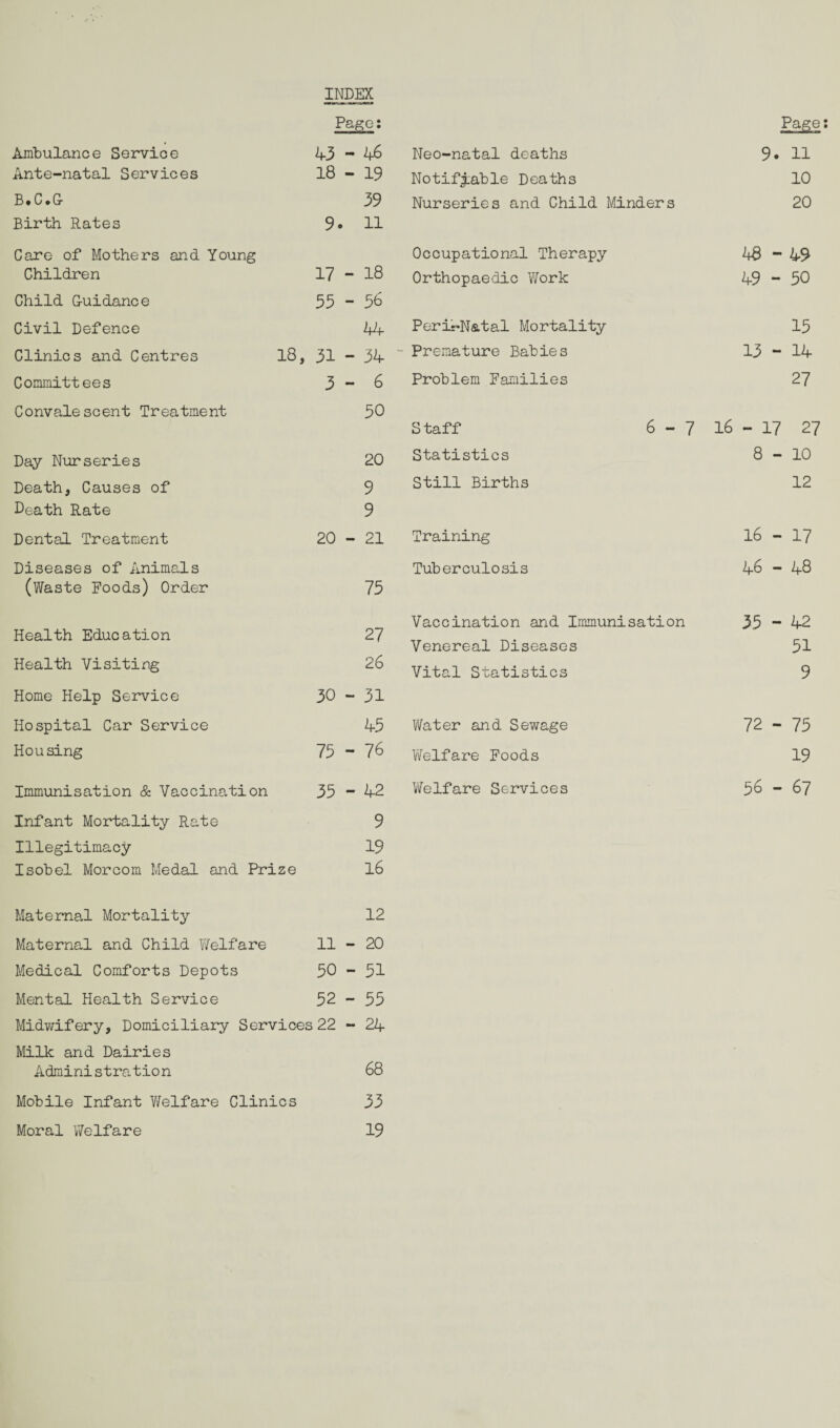 INDEX Pago: Page: Ambulance Service 43 - 4-6 Neo-natal deaths 9. 11 Ante-natal Services 18 - 19 Notifiable Deaths 10 B.C.G 39 Nurseries and Child Minders 20 Birth Rates 9« ► 11 Care of Mothers and Young Occupational Therapy 48-49 Children 17 — 18 Orthopaedic Work 49 - 50 Child Guidance 35 - 56 Civil Defence 44 Perir'N&tal Mortality 15 Clinics and Centres 18, 31 — 34 - Premature Babies 13 - 14 Committees 3 - 6 Problem Families 27 Convalescent Treatment 50 Staff 6-7 16 - 17 27 Day Nurseries 20 Statistics 8-10 Death, Causes of 9 Still Births 12 Death Rate 9 Dental Treatment 20 - 21 Training 16 - 17 Diseases of Animals Tuberculosis 46 - 48 (Waste Foods) Order 75 27 Vaccination and Immunisation 35 - 42 Health Education Venereal Diseases 51 Health Visiting 26 Vital Statistics 9 Home Help Service 30 - 31 Hospital Car Service 45 Water and Sewage 72 - 75 Housing 75 - 76 Welfare Foods 19 Immunisation & Vaccination 35 mm 42 Welfare Services 36 - 67 Infant Mortality Rate 9 Illegitimacy 19 Isobel Morcom Medal and Prize 16 Maternal Mortality 12 Maternal and Child Welfare 11 - 20 Medical Comforts Depots 50 - 51 Mental Health Service 52 — 55 Midwifery, Domiciliary Services 22 - 21- Milk and Dairies Administration 68 33 19 Motile Infant Welfare Clinics Moral Welfare