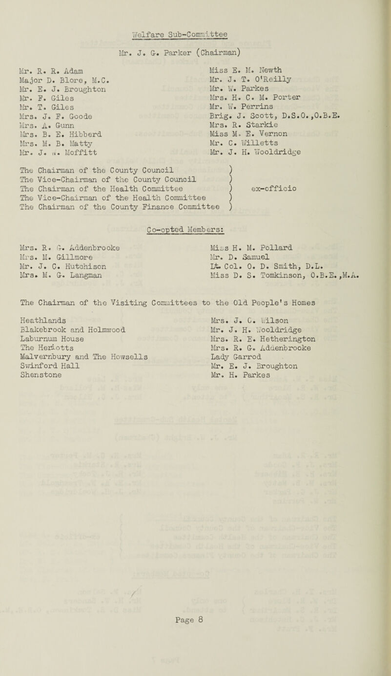 Welfare Sub-Committee Mr. J. G-. Parker (Chairman) Mr. R. R. Adam Major D. Blore, M.C. Mr. E. J. Broughton Mr. F. G-iles Mr. T. G-iles Mrs. J. F. Goode Mrs. A» Gunn Mrs. B. E. Hibherd Mrs. M. B. Matty Mr. J. m. Moffitt Miss E. Mo Newth Mr. J. To O'Reilly Mr. W. Parkes Mrs. Ho C. M. Porter Mr, W. Perrins Brig. J. Scott, D.S.0.,0.B.E. Mrs. R. Starkie Miss Mo E. Vernon Mr. C. Willetts Mr. J. H. Wooldridge The Chairman of the County Council ) The Vice-Chairman of the County Council ) The Chairman of the Health Committee ) The Vice-Chairman of the Health Committee ) The Chairman of the County Finance Committee ) ex-officio Co-opted Members: Mrs. R. G. Addenbrooke Mrs. M. Gillmore Mr. J. C. Hutchison Mrs.. M. G. Langman Miss H. M. Pollard Mr. D. Samuel Lt* Col. 0. D. Smith, D.L. Miss D. S. Tomkinson, O.B.S.,M.A. The Chairman of the Visiting Committees to the Old People's Homes Heathlands Blakebrook and Holmwood Laburnum House The Heriotts Malvernbury and The Howsells Swinford Hall Shenstone Mrs. J. G. Wilson Mr. J. Ho Wooldridge Mrs. R. E. Hetherington Mrs. R. Go Addenbrooke Lady Garrod Mr. E. J. Broughton Mr. H. Parkes