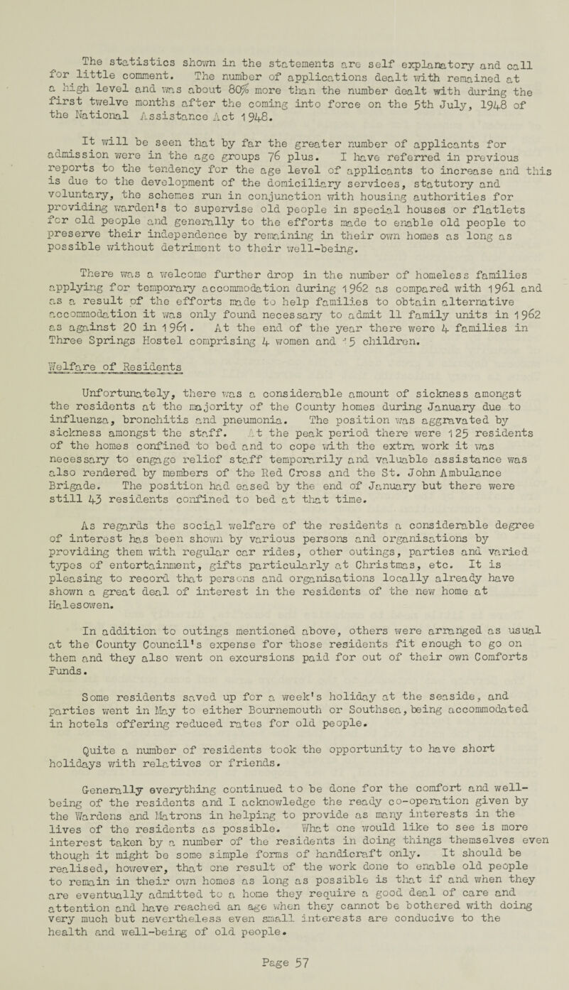The statistics shown in the statements are self explanatory and call l0r little comment. The number of applications dealt with remained at a high level and xvas about QCffi more than the number dealt with during the first twelve months after the coming into force on the 5th July, 1948 of the National Assistance Act 1 948. It will be seen that by far the greater number of applicants for admission were in the age groups ~/G plus. I have referred in previous reports to the tendency for the age level of applicants to increase and this is due to the development of the domiciliary services, statutory and voluntary, the schemes run in conjunction with housing authorities for providing warden1s to supervise old people in special houses or flatlets icr old people and generally to the efforts made to enable old people to preserve their independence by remaining in their 0x711 homes as long as possible without detriment to their well-being. There was a xvelcome further drop in the number of homeless families applying for temporary accommodation during 19^2 as compared with 1961 and as a result of the efforts made to help families to obtain alternative accommodation it was only found necessary to admit 11 family units in 19^2 as against 20 in 1 9^1 . At the end of the year there xvere 4 families in Three Springs Hostel comprising 4 women and 5 children. Welfare of Residents Unfortunately, there was a considerable amount of sickness amongst the residents at the majoritjr of the County homes during January due to influenza, bronchitis and pneumonia. The position was aggravated by sickness amongst the staff. At the peak period there xvere 125 residents of the homes confined to bed and to cope with the extra work it was necessary to engage relief staff temporarily and valuable assistance was also rendered by members of the Red Cross and the St. John Ambulance Brigade. The position had eased by the end of January but there were still 43 residents confined to bed at that time. As regn.rds the social welfare of the residents a considerable degree of interest ha.s been shox7ii by various persons and organisations by providing them with regular car rides, other outings, parties and varied types of entertainment, gifts particularly at Christmas, etc. It is pleasing to record that persons and organisations locally already have shown a great deal of interest in the residents of the new home at Halesowen. In addition to outings mentioned above, others were arranged as usual at the County Council’s expense for those residents fit enough to go on them and they also xvent on excursions paid for out of their 0x711 Comforts Funds. Some residents saved up for a xveek’s holiday at the seaside, and parties went in May to either Bournemouth or Southsea, being accommodated in hotels offering reduced rates for old people. Quite a number of residents took the opportunity to have short holidays with relatives or friends. G-enerally everything continued to be done for the comfort and well¬ being of the residents and I acknowledge the ready co-operation given by the Wardens and Matrons in helping to provide as many interests in the lives of the residents as possible. What one xvould like to see is more interest taken by a number of the residents in doing things themselves even though it might be some simple forms of handicraft only. It should be realised, hoxvever, that one result of the work done to enable old people to remain in their own homes as long as possible is that if and xvhen they are eventually admitted to a home they require a good deal of care and attention and have reached an age xvhen they cannot be Dothered with doing very much but nevertheless even small interests are conducive to the health and well-being of old people.