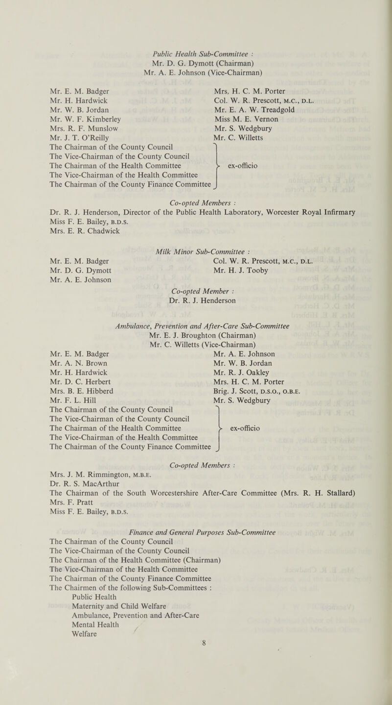 Public Health Sub-Committee : Mr. D. G. Dymott (Chairman) Mr. A. E. Johnson (Vice-Chairman) Mr. E. M. Badger Mr. H. Hardwick Mr. W. B. Jordan Mr. W. F. Kimberley Mrs. R. F. Munslow Mr. J. T. O’Reilly The Chairman of the County Council The Vice-Chairman of the County Council The Chairman of the Health Committee The Vice-Chairman of the Health Committee The Chairman of the County Finance Committee Mrs. H. C. M. Porter Col. W. R. Prescott, m.c., d.l. Mr. E. A. W. Treadgold Miss M. E. Vernon Mr. S. Wedgbury Mr. C. Willetts >• ex-officio Co-opted Members : Dr. R. J. Henderson, Director of the Public Health Laboratory, Worcester Royal Infirmary Miss F. E. Bailey, b.d.s. Mrs. E. R. Chadwick Mr. E. M. Badger Mr. D. G. Dymott Mr. A. E. Johnson Milk Minor Sub-Committee : Col. W. R. Prescott, m.c., d.l. Mr. H. J. Tooby Co-opted Member : Dr. R. J. Henderson Ambulance, Prevention and After-Care Sub-Committee Mr. E. J. Broughton (Chairman) Mr. C. Willetts (Vice-Chairman) Mr. A. E. Johnson Mr. E. M. Badger Mr. A. N. Brown Mr. H. Hardwick Mr. D. C. Herbert Mrs. B. E. Hibberd Mr. F. L. Hill The Chairman of the County Council The Vice-Chairman of the County Council The Chairman of the Health Committee The Vice-Chairman of the Health Committee The Chairman of the County Finance Committee Mr. W. B. Jordan Mr. R. J. Oakley Mrs. H. C. M. Porter Brig. J. Scott, D.s.o., o.b.e. Mr. S. Wedgbury >» ex-officio Co-opted Members : Mrs. J. M. Rimmington, m.b.e. Dr. R. S. MacArthur The Chairman of the South Worcestershire After-Care Committee (Mrs. R. H. Stallard) Mrs. F. Pratt Miss F. E. Bailey, b.d.s. Finance and General Purposes Sub-Committee The Chairman of the County Council The Vice-Chairman of the County Council The Chairman of the Health Committee (Chairman) The Vice-Chairman of the Health Committee The Chairman of the County Finance Committee The Chairmen of the following Sub-Committees : Public Health Maternity and Child Welfare Ambulance, Prevention and After-Care Mental Health Welfare