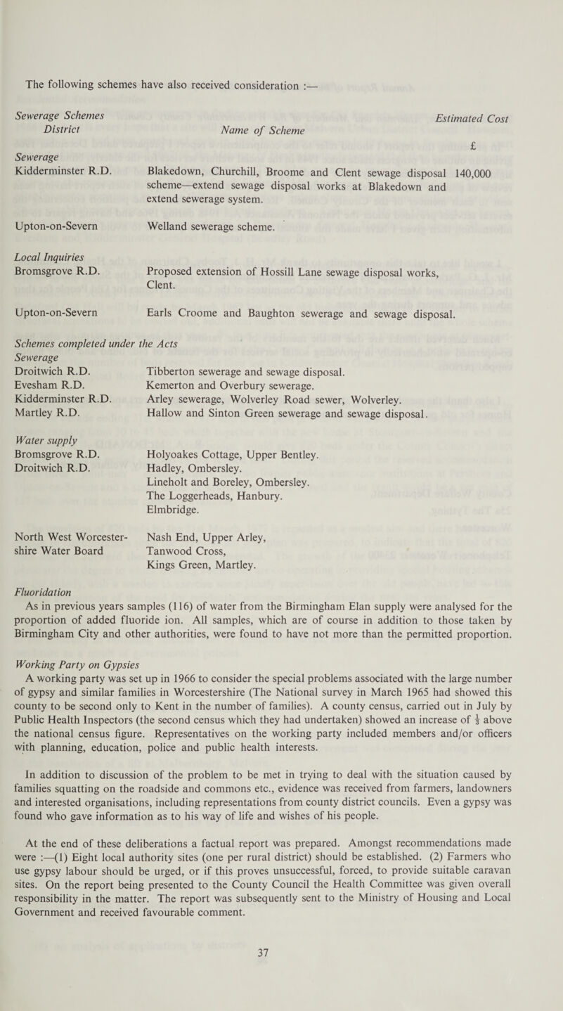 The following schemes have also received consideration :— Sewerage Schemes District Sewerage Kidderminster R.D. Upton-on-Severn Name of Scheme Estimated Cost £ Blakedown, Churchill, Broome and Clent sewage disposal 140,000 scheme—extend sewage disposal works at Blakedown and extend sewerage system. Welland sewerage scheme. Local Inquiries Bromsgrove R.D. Proposed extension of Hossill Lane sewage disposal works, Clent. Upton-on-Severn Earls Croome and Baughton sewerage and sewage disposal. Schemes completed under Sewerage Droitwich R.D. Evesham R.D. Kidderminster R.D. Martley R.D. the Acts Tibberton sewerage and sewage disposal. Kemerton and Overbury sewerage. Arley sewerage, Wolverley Road sewer, Wolverley. Hallow and Sinton Green sewerage and sewage disposal. Water supply Bromsgrove R.D. Holyoakes Cottage, Upper Bentley. Droitwich R.D. Hadley, Ombersley. Lineholt and Boreley, Ombersley. The Loggerheads, Hanbury. Elmbridge. North West Worcester- Nash End, Upper Arley, shire Water Board Tanwood Cross, Kings Green, Martley. Fluoridation As in previous years samples (116) of water from the Birmingham Elan supply were analysed for the proportion of added fluoride ion. All samples, which are of course in addition to those taken by Birmingham City and other authorities, were found to have not more than the permitted proportion. Working Party on Gypsies A working party was set up in 1966 to consider the special problems associated with the large number of gypsy and similar families in Worcestershire (The National survey in March 1965 had showed this county to be second only to Kent in the number of families). A county census, carried out in July by Public Health Inspectors (the second census which they had undertaken) showed an increase of | above the national census figure. Representatives on the working party included members and/or officers with planning, education, police and public health interests. In addition to discussion of the problem to be met in trying to deal with the situation caused by families squatting on the roadside and commons etc., evidence was received from farmers, landowners and interested organisations, including representations from county district councils. Even a gypsy was found who gave information as to his way of life and wishes of his people. At the end of these deliberations a factual report was prepared. Amongst recommendations made were :—(1) Eight local authority sites (one per rural district) should be established. (2) Farmers who use gypsy labour should be urged, or if this proves unsuccessful, forced, to provide suitable caravan sites. On the report being presented to the County Council the Health Committee was given overall responsibility in the matter. The report was subsequently sent to the Ministry of Housing and Local Government and received favourable comment.
