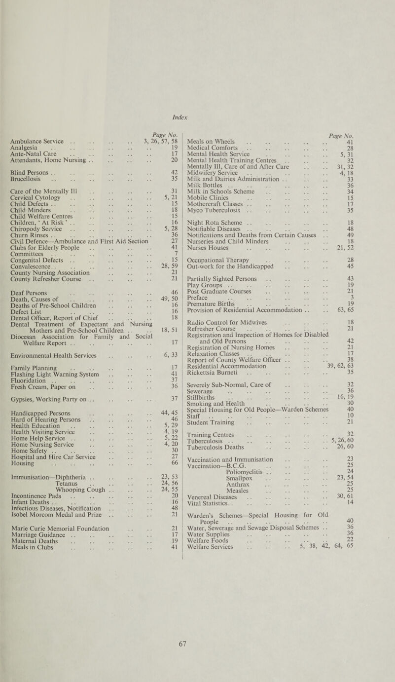 Index Page No. Ambulance Service 3, 26, 57, 58 Analgesia . . 19 Ante-Natal Care , , 17 Attendants, Home Nursing 20 Blind Persons 42 Brucellosis 35 Care of the Mentally Ill 31 Cervical Cytology . . 5, 21 Child Defects . . 15 Child Minders 18 Child Welfare Centres 15 Children, ‘ At Risk ’ .. , . 16 Chiropody Service 5, 28 Churn Rinses .. . . 36 Civil Defence—Ambulance and First Aid Section 27 Clubs for Elderly People 41 Committees 7 Congenital Defects . . 15 Convalescence . , 28, 59 County Nursing Association . . 21 County Refresher Course 21 Deaf Persons 46 Death, Causes of . . 49, 50 Deaths of Pre-School Children , , 16 Defect List , . 16 Dental Officer, Report of Chief . . 18 Dental Treatment of Expectant and Nursing Mothers and Pre-School Children .. . . 18, 51 Diocesan Association for Family and Social Welfare Report 17 Environmental Health Services 6, 33 Family Planning .. 17 Flashing Light Warning System . . 41 Fluoridation . . 37 Fresh Cream, Paper on 36 Gypsies, Working Party on .. • • • 37 Handicapped Persons 44, 45 Hard of Hearing Persons . . 46 Health Education 5, 29 Health Visiting Service 4, 19 Home Help Service 5, 22 Home Nursing Service 4, 20 Home Safety 30 Hospital and Hire Car Service . . 27 Housing 66 Immunisation—Diphtheria 23, 53 Tetanus 24, 56 Whooping Cough 24, 55 Incontinence Pads 20 Infant Deaths 16 Infectious Diseases, Notification 48 Isobel Morcom Medal and Prize 21 Marie Curie Memorial Foundation 21 Marriage Guidance. 17 Maternal Deaths 19 Meals in Clubs 41 Page No. Meals on Wheels .. .. .. .. .. 41 Medical Comforts .. .. .. .. .. 28 Mental Health Service .. .. .. .. 5,31 Mental Health Training Centres .. .. .. 32 Mentally Ill, Care of and After Care .. .. 31, 32 Midwifery Service .. .. .. .. .. 4,18 Milk and Dairies Administration .. .. .. 33 Milk Bottles .. .. .. .. .. .. 36 Milk in Schools Scheme .. .. .. .. 34 Mobile Clinics .. .. .. .. .. 15 Mothercraft Classes .. .. .. .. .. 17 Myco Tuberculosis .. .. .. .. .. 35 Night Rota Scheme .. .. .. .. .. 18 Notifiable Diseases .. .. .. .. .. 48 Notifications and Deaths from Certain Causes .. 49 Nurseries and Child Minders .. .. .. 18 Nurses Houses .. .. .. .. .. 21,52 Occupational Therapy .. .. .. .. 28 Out-work for the Handicapped .. .. .. 45 Partially Sighted Persons .. .. .. .. 43 Play Groups .. .. .. .. .. .. 19 Post Graduate Courses .. .. .. .. 21 Preface .. .. .. .. .. .. 3 Premature Births .. .. .. .. .. 19 Provision of Residential Accommodation .. .. 63, 65 Radio Control for Midwives .. .. .. 18 Refresher Course .. .. .. .. .. 21 Registration and Inspection of Homes for Disabled and Old Persons .. .. .. .. 42 Registration of Nursing Homes .. .. .. 21 Relaxation Classes .. .. .. .. .. 17 Report of County Welfare Officer .. .. .. 38 Residential Accommodation .. .. 39, 62, 63 Rickettsia Burneti .. .. .. .. .. 35 Severely Sub-Normal, Care of .. .. .. 32 Sewerage .. .. .. .. .. .. 36 Stillbirths .16, 19 Smoking and Health .. .. .. .. 30 Special Housing for Old People—Warden Schemes 40 Staff. 10 Student Training .. .. .. .. .. 21 Training Centres .. .. .. .. . • 32 Tuberculosis .. .. .. .. .. .. 5, 26, 60 Tuberculosis Deaths .. .. .. .. 26,60 Vaccination and Immunisation .. .. .. 23 Vaccination—B.C.G. .. .. . - • • 25 Poliomyelitis .. .. .. . • 24 Smallpox .. .. .. .. 23, 54 Anthrax .. .. .. .. 25 Measles .. .. .. . • 25 Venereal Diseases .. .. .. .. • • 30, 61 Vital Statistics.. .. .. .. .. •• 14 Warden’s Schemes—Special Housing for Old People .. .. Water, Sewerage and Sewage Disposal Schemes .. Water Supplies Welfare Foods Welfare Services .. .. .. 5, 38, 42, 64, 40 36 36 22 65