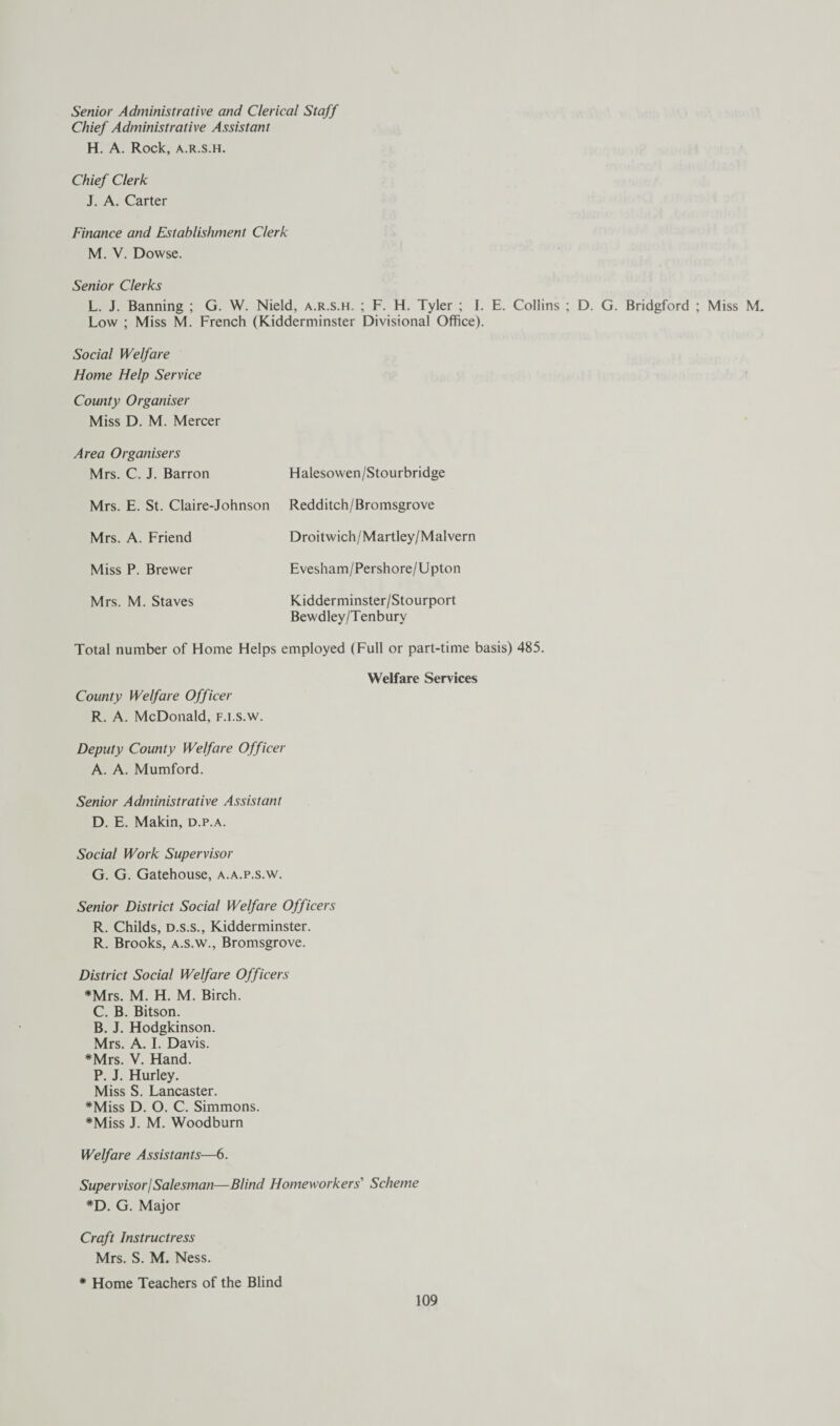 Senior Administrative and Clerical Staff Chief Administrative Assistant H. A. Rock, A.R.S.H. Chief Clerk J. A. Carter Finance and Establishment Clerk M. V. Dowse. Senior Clerks L. J. Banning ; G. W. Nield, a.r.s.h. ; F. H. Tyler ; I. E. Collins ; D. G. Bridgford ; Miss M. Low ; Miss M. French (Kidderminster Divisional Office). Social Welfare Home Help Service County Organiser Miss D. M. Mercer Area Organisers Mrs. C. J. Barron Halesowen/Stourbridge Mrs. E. St. Claire-Johnson Redditch/Bromsgrove Mrs. A. Friend Droitwich/Martley/Malvern Miss P. Brewer Evesham/Pershore/Upton Mrs. M. Staves Kidderminster/Stourport Bewdley/Tenbury Total number of Home Helps employed (Full or part-time basis) 485. Welfare Services County Welfare Officer R. A. McDonald, f.i.s.w. Deputy County Welfare Officer A. A. Mumford. Senior Administrative Assistant D. E. Makin, d.p.a. Social Work Supervisor G. G. Gatehouse, a.a.p.s.w. Senior District Social Welfare Officers R. Childs, D.S.S., Kidderminster. R. Brooks, a.s.w., Bromsgrove. District Social Welfare Officers *Mrs. M. H. M. Birch. C. B. Bitson. B. J. Hodgkinson. Mrs. A. I. Davis. *Mrs. V. Hand. P. J. Hurley. Miss S. Lancaster. *Miss D. O. C. Simmons. *Miss J. M. Woodburn Welfare Assistants—6. Supervisor I Salesman—Blind Homeworkers' Scheme *D. G. Major Craft Instructress Mrs. S. M. Ness. * Home Teachers of the Blind