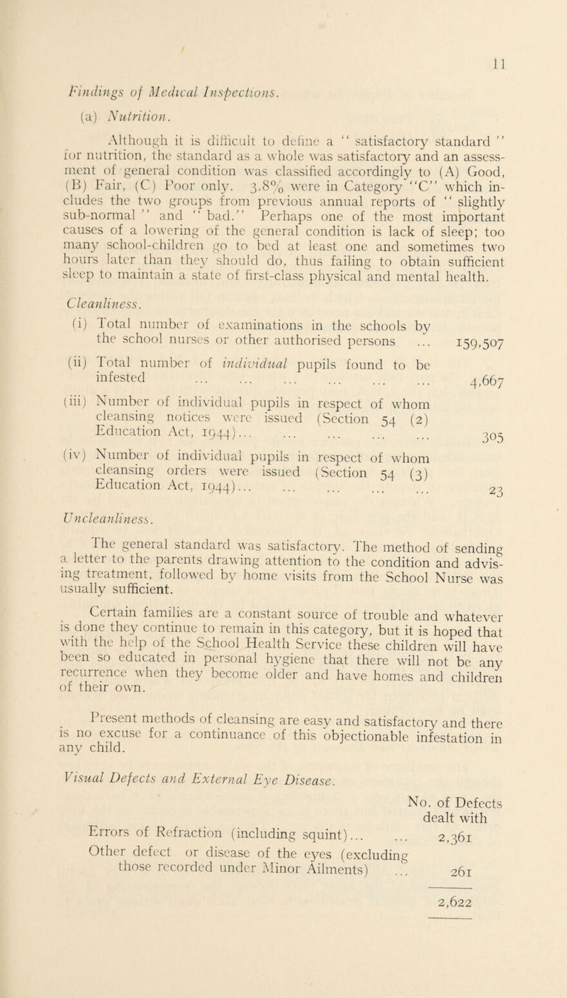 Findings of Medical Inspections. (a) Nutrition. Although it is difficult to define a “ satisfactory standard ” for nutrition, the standard as a whole was satisfactory and an assess¬ ment of general condition was classified accordingly to (A) Good, (B) Fair, (C) Poor only. 3-8% were in Category “C” which in¬ cludes the two groups from previous annual reports of “ slightly sub-normal ” and “ bad.” Perhaps one of the most important causes of a lowering of the general condition is lack of sleep; too man}/ school-children go to bed at least one and sometimes two hours later than they should do, thus failing to obtain sufficient sleep to maintain a state of first-class physical and mental health. Cleanliness. (i) 1 otal number of examinations in the schools by the school nurses or other authorised persons (ii) Total number of individual pupils found to be infested (iii) Number of individual pupils in respect of whom cleansing notices were issued (Section 54 (2) Education Act, 1944)... (iv) Number of individual pupils in respect of whom cleansing orders were issued (Section S4 (a) Education Act, 1944)... I59A07 4-667 305 23 Uncleanliness. 1 he general standard was satisfactory7. I he method of sending a letter to the parents drawing attention to the condition and advis¬ ing treatment, followed by home visits from the School Nurse was usually sufficient. Certain families are a constant source of trouble and whatever is done they continue to remain in this category, but it is hoped that with the help of the School Health Service these children will have been so educated in personal hygiene that there will not be any recurrence when they become older and have homes and children of their own. Present methods of cleansing are easy and satisfactory and there is no excuse foi a continuance of this objectionable infestation in any child. Visual Defects and External Eye Disease. No. of Defects dealt with Errors of Refraction (including squint)... ... 2,361 Other defect or disease of the eyes (excluding those recorded under Minor Ailments) ... 26i 2,622