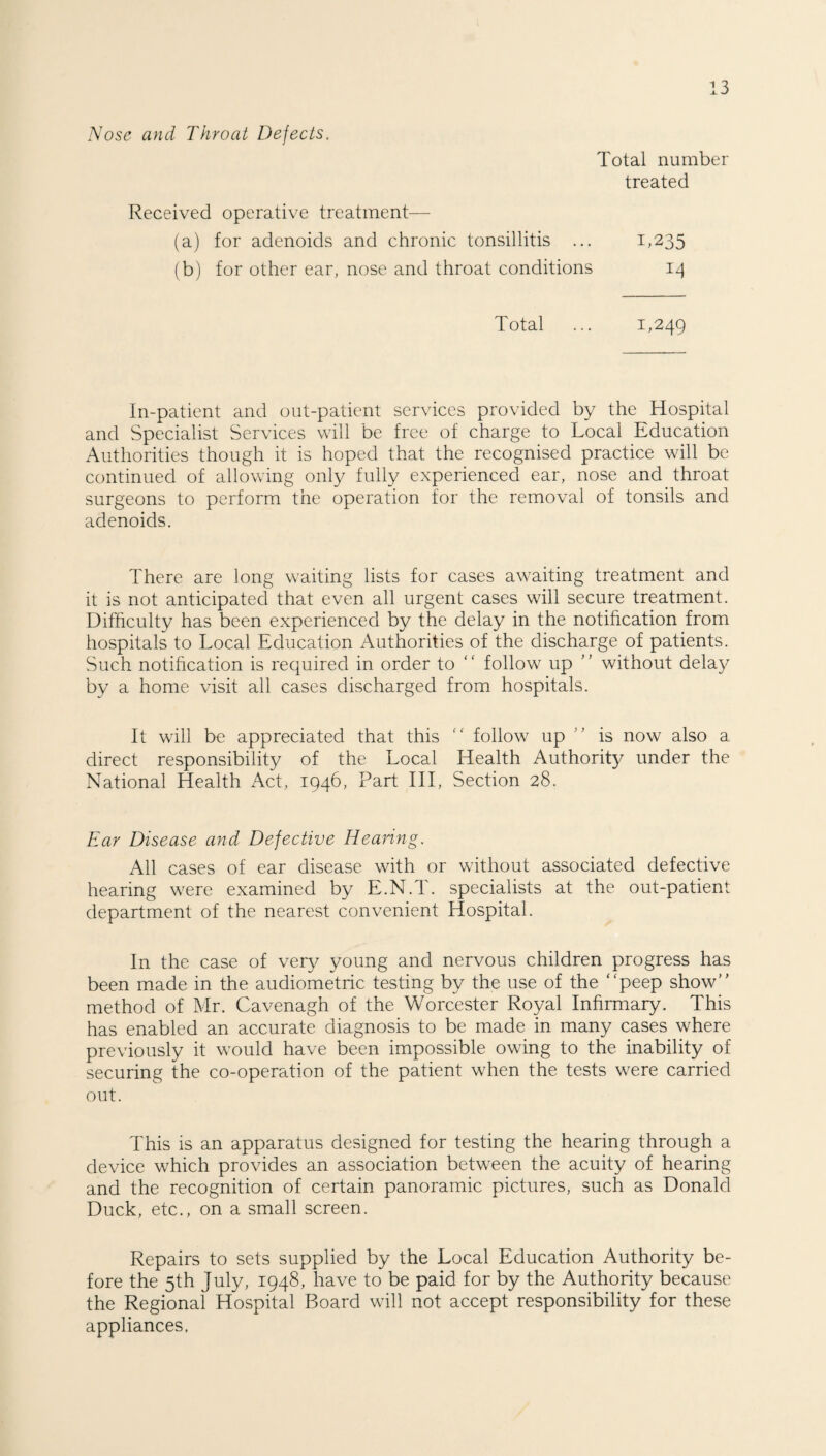Nose and Throat Dejects. Total number treated Received operative treatment— (a) for adenoids and chronic tonsillitis ... 1,235 (b) for other ear, nose and throat conditions 14 Total ... 1,249 In-patient and out-patient services provided by the Hospital and Specialist Services will be free of charge to Local Education Authorities though it is hoped that the recognised practice will be continued of allowing only fully experienced ear, nose and throat surgeons to perform the operation for the removal of tonsils and adenoids. There are long waiting lists for cases awaiting treatment and it is not anticipated that even all urgent cases will secure treatment. Difficulty has been experienced by the delay in the notification from hospitals to Local Education Authorities of the discharge of patients. Such notification is required in order to “ follow up ” without delay by a home visit all cases discharged from hospitals. It will be appreciated that this “ follow up is now also a direct responsibility of the Local Health Authority under the National Health Act, 1946, Part III, Section 28. Ear Disease and Defective Hearing. All cases of ear disease with or without associated defective hearing were examined by E.N.T. specialists at the out-patient department of the nearest convenient Hospital. In the case of very young and nervous children progress has been made in the audiometric testing by the use of the “peep show method of Mr. Cavenagh of the Worcester Royal Infirmary. This has enabled an accurate diagnosis to be made in many cases where previously it would have been impossible owing to the inability of securing the co-operation of the patient when the tests were carried out. This is an apparatus designed for testing the hearing through a device which provides an association between the acuity of hearing and the recognition of certain panoramic pictures, such as Donald Duck, etc., on a small screen. Repairs to sets supplied by the Local Education Authority be¬ fore the 5th July, 1948, have to be paid for by the Authority because the Regional Hospital Board will not accept responsibility for these appliances.
