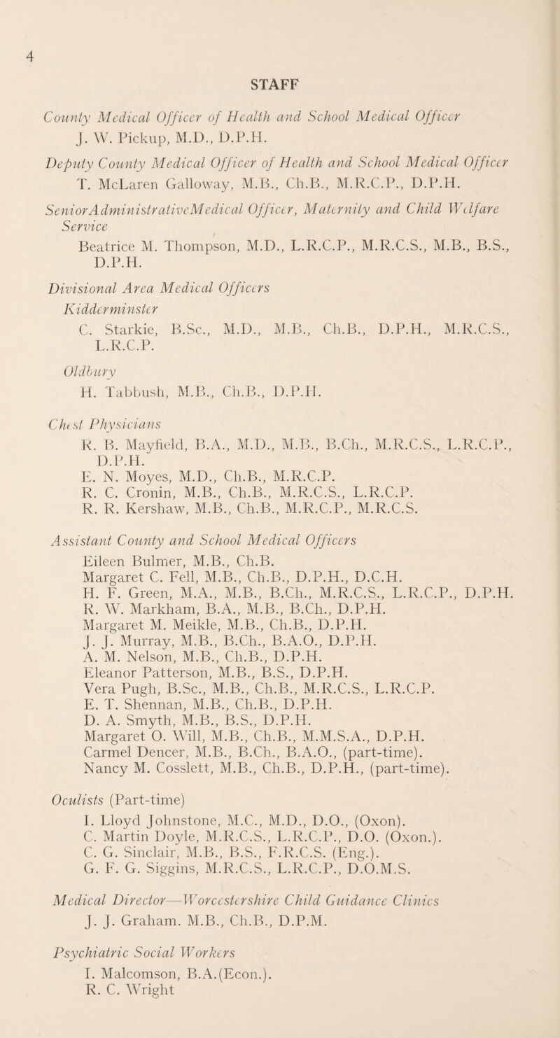 STAFF County Medical Officer of Health and School Medical Officer j. W. Pickup, M.D., D.P.H. Deputy County Medical Officer of Health and School Medical Officer T. McLaren Galloway, M.B., Ch.B., M.R.C.P., D.P.H. Senior Administrative Medical Officer, Maternity and Child Welfare Service Beatrice M. Thompson, M.D., L.R.C.P., M.R.C.S., M.B., B.S., D.P.H. Divisional Area Medical Officers Kidderminster C. Starkie, B.Sc., M.D., M.B., Ch.B., D.P.H., M.R.C.S., L.R.C.P. Oldbury H. Tabbush, M.B., Ch.B., D.P.H. Chest Physicians R. B. Mayfield, B.A., M.D., M.B., B.Ch., M.R.C.S., L.R.C.P., D.P.H. E. N. Moyes, M.D., Ch.B., M.R.C.P. R. C. Cronin, M.B., Ch.B., M.R.C.S., L.R.C.P. R. R. Kershaw, M.B., Ch.B., M.R.C.P., M.R.C.S. Assistant County and School Medical Officers Eileen Bulmer, M.B., Ch.B. Margaret C. Fell, M.B., Ch.B., D.P.H., D.C.H. H. F. Green, M.A., M.B., B.Ch., M.R.C.S., L.R.C.P., D.P.H. R. W. Markham, B.A., M.B., B.Ch., D.P.H. Margaret M. Meikle, M.B., Ch.B., D.P.H. j. ]. Murray, M.B., B.Ch., B.A.O., D.P.H. A. M. Nelson, M.B., Ch.B., D.P.H. Eleanor Patterson, M.B., B.S., D.P.H. Vera Pugh, B.Sc., M.B., Ch.B., M.R.C.S., L.R.C.P. E. T. Shennan, M.B., Ch.B., D.P.H. D. A. Smyth, M.B., B.S., D.P.H. Margaret O. Will, M.B., Ch.B., M.M.S.A., D.P.H. Carmel Dencer, M.B., B.Ch., B.A.O., (part-time). Nancy M. Cosslett, M.B., Ch.B., D.P.H., (part-time). Oculists (Part-time) I. Lloyd Johnstone, M.C., M.D., D.O., (Oxon). C. Martin Doyle, M.R.C.S., L.R.C.P., D.O. (Oxon.). C. G. Sinclair, M.B., B.S., F.R.C.S. (Eng.). G. F. G. Siggins, M.R.C.S., L.R.C.P., D.O.M.S. Medical Director—Worcestershire Child Guidance Clinics J. J. Graham. M.B., Ch.B., D.P.M. Psychiatric Social Workers I. Malcomson, B.A.(Ecom). R. C. Wright