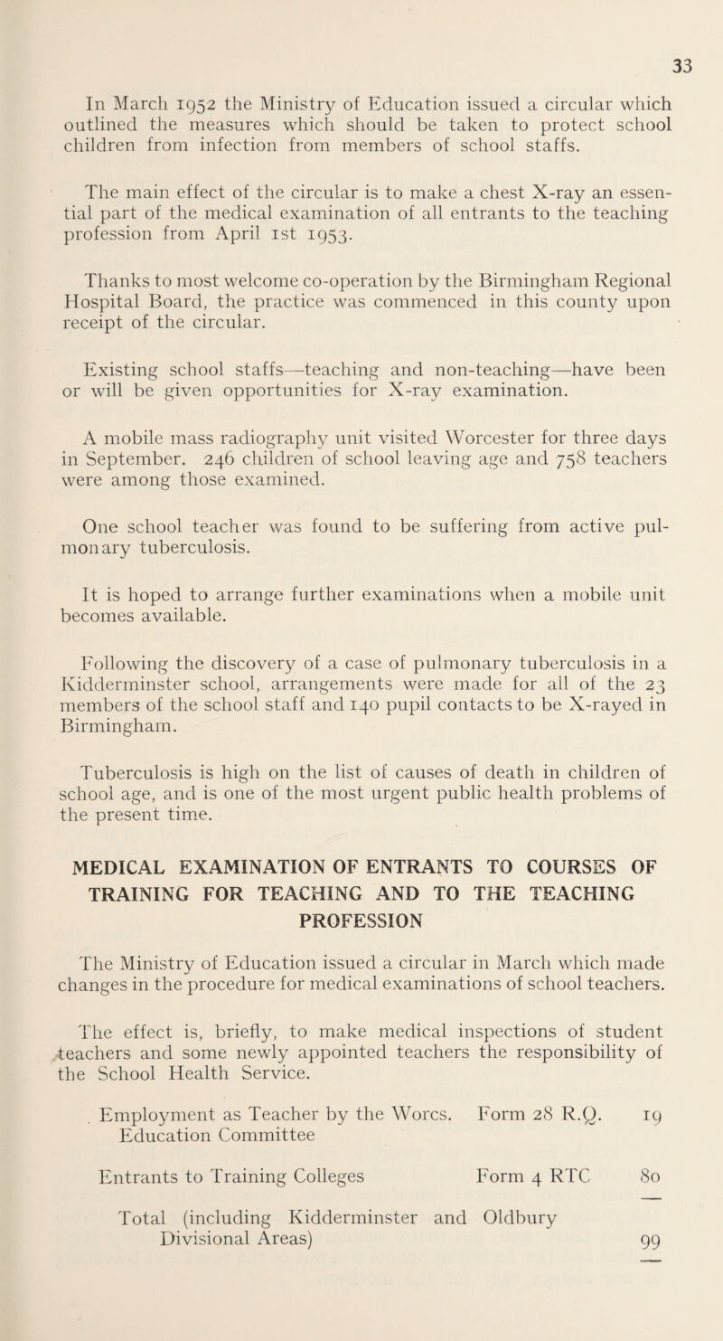 In March 1952 the Ministry of Education issued a circular which outlined the measures which should be taken to protect school children from infection from members of school staffs. The main effect of the circular is to make a chest X-ray an essen¬ tial part of the medical examination of all entrants to the teaching profession from April 1st 1953. Thanks to most welcome co-operation by the Birmingham Regional Hospital Board, the practice was commenced in this county upon receipt of the circular. Existing school staffs—-teaching and non-teaching—have been or will be given opportunities for X-ray examination. A mobile mass radiography unit visited Worcester for three days in September. 246 children of school leaving age and 758 teachers were among those examined. One school teacher was found to be suffering from active pul¬ monary tuberculosis. It is hoped to arrange further examinations when a mobile unit becomes available. Following the discovery of a case of pulmonary tuberculosis in a Kidderminster school, arrangements were made for all of the 23 members of the school staff and 140 pupil contacts to be X-rayed in Birmingham. Tuberculosis is high on the list of causes of death in children of school age, and is one of the most urgent public health problems of the present time. MEDICAL EXAMINATION OF ENTRANTS TO COURSES OF TRAINING FOR TEACHING AND TO THE TEACHING PROFESSION The Ministry of Education issued a circular in March which made changes in the procedure for medical examinations of school teachers. The effect is, briefly, to make medical inspections of student teachers and some newly appointed teachers the responsibility of the School Health Service. Employment as Teacher by the Worcs. Form 28 R.Q. 19 Education Committee Entrants to Training Colleges Form 4 RTC 80 Total (including Kidderminster and Oldbury Divisional Areas) 99