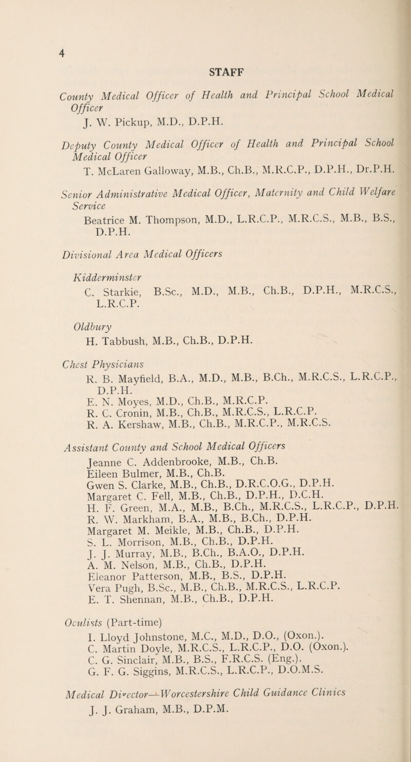 STAFF County Medical Officer of Health and Principal School Medical Officer J. W. Pickup, M.D., D.P.H. Deputy County Medical Officer of Health and Principal School Medical Officer T. McLaren Galloway, M.B., Ch.B., M.K.C.P., D.P.H., Dr.P.H. Senior Administrative Medical Officer, Maternity and Child W elf are Service Beatrice M. Thompson, M.D., L.R.C.P., M.R.C.S., M.B., B.S., D.P.H. Divisional Area Medical Officers Kidderminster C. Starkie, B.Sc., M.D., M.B., Ch.B., D.P.H., M.R.C.S., L.R.C.P. Oldbury H. Tabbush, M.B., Ch.B., D.P.H. Chest Physicians R. B. Mayfield, B.A., M.D., M.B., B.Ch., M.R.C.S., L.R.C.P., D.P.H. E. K. Moyes, M.D., Ch.B., M.R.C.P. R. C. Cronin, M.B., Ch.B., M.R.C.S., L.R.C.P. R. A. Kershaw, M.B., Ch.B., M.R.C.P., M.R.C.S. Assistant County and School Medical Officers Jeanne C. Addenbrooke, M.B., Ch.B. Eileen Bulmer, M.B., Ch.B. Gwen S. Clarke, M.B., Ch.B., D.R.C.O.G., D.P.H. Margaret C. Eell, M.B., Ch.B., D.P.H., D.C.H. H. F. Green, M.A., M.B., B.Ch., M.R.C.S., L.R.C.P., D.P.H. R. W. Markham, B.A., M.B., B.Ch., D.P.H. Margaret M. Meikle, M.B., Ch.B., D.P.H. S. L. Morrison, M.B., Ch.B., D.P.H. J. J. Murray, M.B., B.Ch., B.A.O., D.P.H. A. M. Nelson, M.B., Ch.B., D.P.H. Eleanor Patterson, M.B., B.S., D.P.H. Vera Pugh, B.Sc., M.B., Ch.B., M.R.C.S., L.R.C.P. E. T. Shennan, M.B., Ch.B., D.P.H. Oculists (Part-time) I. Lloyd Johnstone, M.C., M.D., D.O., (Oxon.). C. Martin Doyle, M.R.C.S., L.R.C.P., D.O. (Oxon.). C. G. Sinclair, M.B., B.S., F.R.C.S. (Eng.). G. F. G. Siggins, M.R.C.S., L.R.C.P., D.O.M.S. Medical DPector-^Worcestershire Child Guidance Clinics J. J. Graham, M.B., D.P.M.