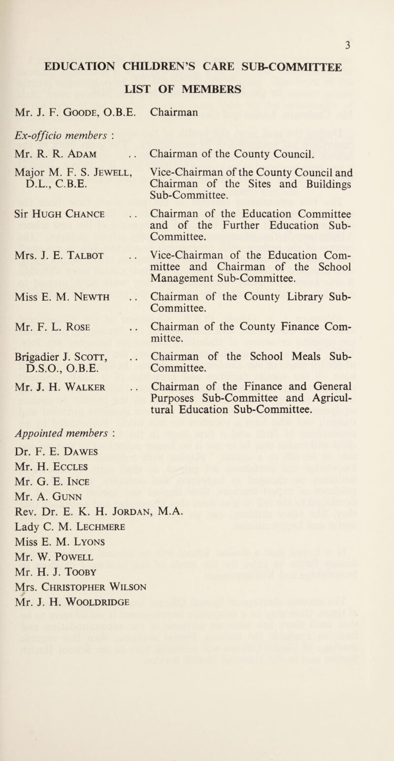 EDUCATION CHILDREN’S CARE SUB-COMMITTEE LIST OF MEMBERS Mr. J. F. Goode, O.B.E. Chairman Ex-officio members : Mr. R. R. Adam .. Chairman of the County Council. Major M. F. S. Jewell, D.L., C.B.E. Vice-Chairman of the County Council and Chairman of the Sites and Buildings Sub-Committee. Sir Hugh Chance .. Chairman of the Education Committee and of the Further Education Sub- Committee. Mrs. J. E. Talbot Miss E. M. Newth Mr. F. L. Rose Brigadier J. Scott, D.S.O., O.B.E. Mr. J. H. Walker Vice-Chairman of the Education Com¬ mittee and Chairman of the School Management Sub-Committee. Chairman of the County Library Sub- Committee. Chairman of the County Finance Com¬ mittee. Chairman of the School Meals Sub- Committee. Chairman of the Finance and General Purposes Sub-Committee and Agricul¬ tural Education Sub-Committee. Appointed members : Dr. F. E. Dawes Mr. H. Eccles Mr. G. E. Ince Mr. A. Gunn Rev. Dr. E. K. H. Jordan, M.A. Lady C. M. Lechmere Miss E. M. Lyons Mr. W. Powell Mr. H. J. Tooby Mrs. Christopher Wilson Mr. J. H. Wooldridge