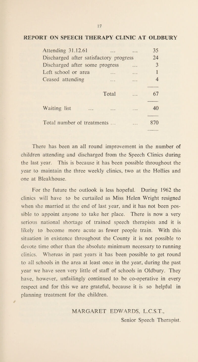 REPORT ON SPEECH THERAPY CLINIC AT OLDBURY Attending 31.12.61 ... ... 35 Discharged after satisfactory progress 24 Discharged after some progress ... 3 Left school or area ... ... 1 Ceased attending ... ... 4 Total ... 67 Waiting list ... ... ... 40 Total number of treatments ... ... 870 There has been an all round improvement in the number of children attending and discharged from the Speech Clinics during the last year. This is because it has been possible throughout the year to maintain the three weekly clinics, two at the Hollies and one at Bleakhouse. For the future the outlook is less hopeful. During 1962 the clinics will have to be curtailed as Miss Helen Wright resigned when she married at the end of last year, and it has not been pos¬ sible to appoint anyone to take her place. There is now a very serious national shortage of trained speech therapists and it is likely to become more acute as fewer people train. With this situation in existence throughout the County it is not possible to devote time other than the absolute minimum necessary to running clinics. Whereas in past years it has been possible to get round to all schools in the area at least once in the year, during the past year we have seen very little of staff of schools in Oldbury. They have, however, unfailingly continued to be co-operative in every respect and for this we are grateful, because it is so helpful in planning treatment for the children. MARGARET EDWARDS, L.C.S.T., Senior Speech Therapist.