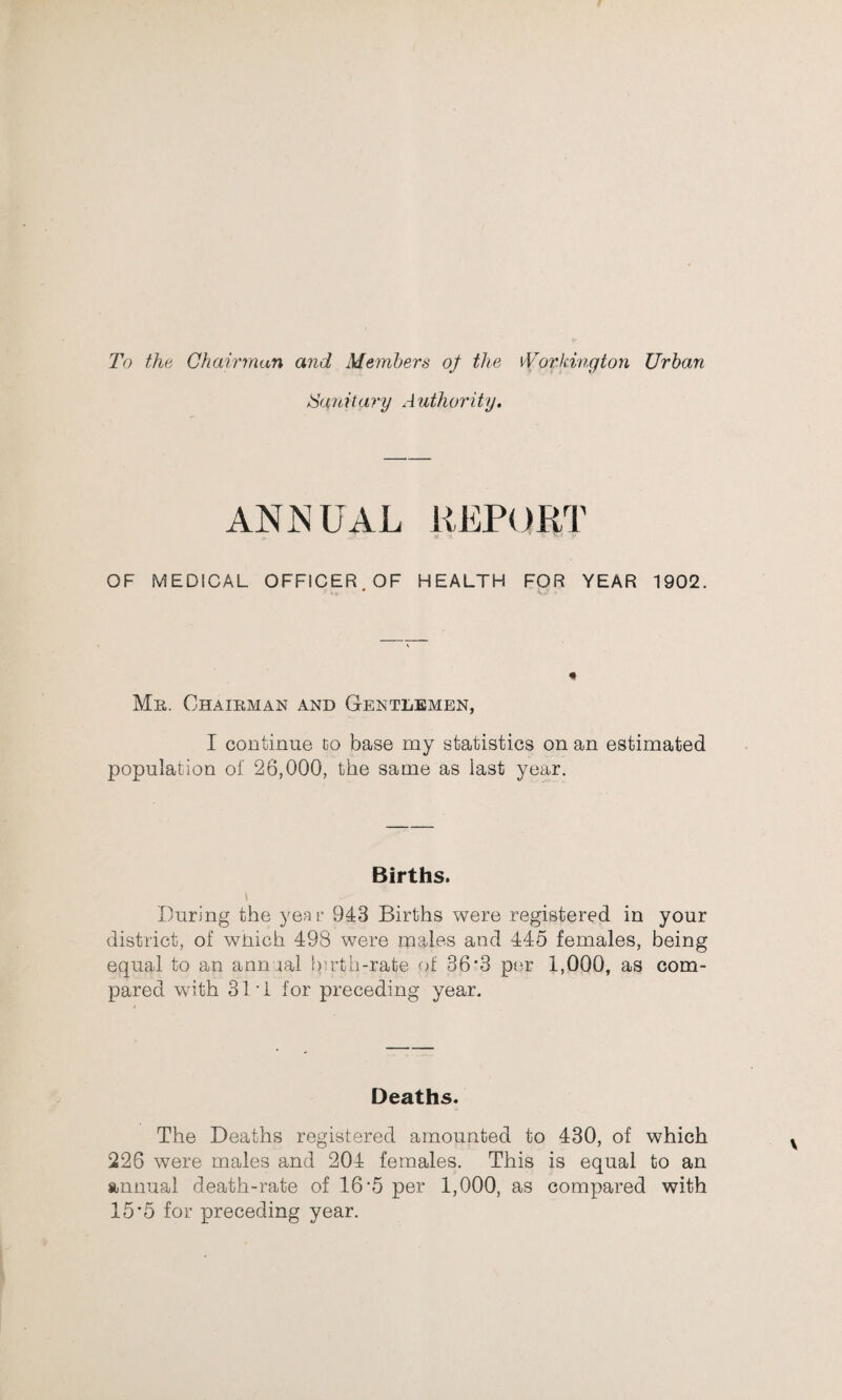 To the Chairman and Members of the Workington Urban lSa7iitary Authority, ANNUAL REPORT OF MEDICAL OFFICER OF HEALTH FOR YEAR 1902. • Ky Me. Chaieman and Gentlemen, I continue co base my statistics on an estimated population of 26,000, the same as last year. Births. During the year 943 Births were registered in your district, of wRich 498 were males and 445 females, being equal to an annral birth-rate of 36*3 per 1,000, as com¬ pared with 31 •! for preceding year. Deaths. The Deaths registered amounted to 430, of which 226 were males and 204 females. This is equal to an annual death-rate of 16*5 per 1,000, as compared with 15*5 for preceding year.