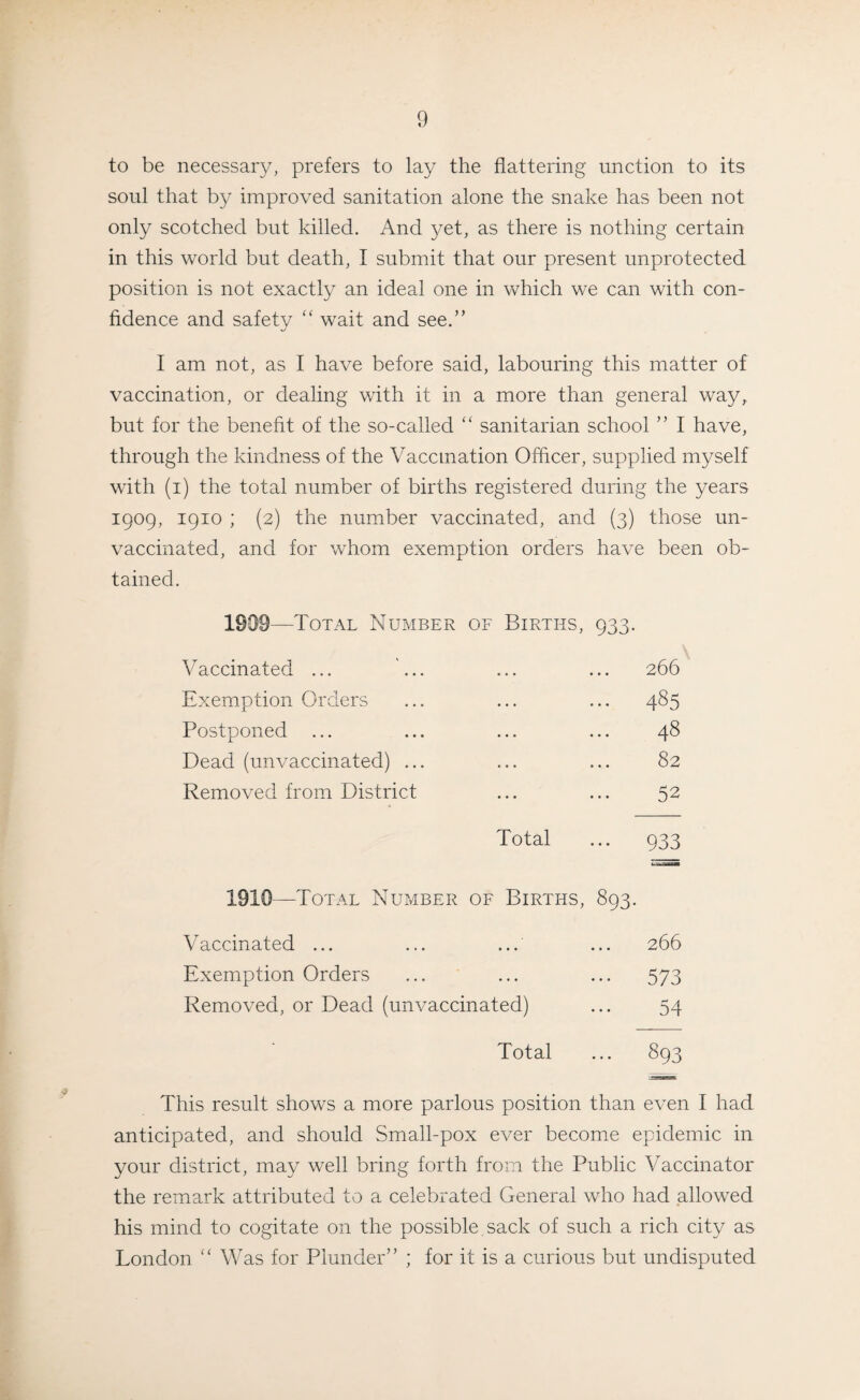 to be necessary, prefers to lay the flattering unction to its soul that by improved sanitation alone the snake has been not only scotched but killed. And yet, as there is nothing certain in this world but death, I submit that our present unprotected position is not exactly an ideal one in which we can with con¬ fidence and safety “ wait and see.” I am not, as I have before said, labouring this matter of vaccination, or dealing with it in a more than general way, but for the benefit of the so-called “ sanitarian school ” I have, through the kindness of the Vaccination Officer, supplied myself with (i) the total number of births registered during the years 1909, 1910 ; (2) the number vaccinated, and (3) those un¬ vaccinated, and for whom exemption orders have been ob¬ tained. 1999—Total Number of Births, Vaccinated ... ... 933- • • • 266 Exemption Orders • • • 485 Postponed • • • 48 Dead (unvaccinated) ... • • • 82 Removed from District • • • 52 Total • • • 933 1910—Total Number of Births, Vaccinated ... 893- 266 Exemption Orders ... 573 Removed, or Dead (unvaccinated) • • • 54 Total ... 893 This result shows a more parlous position than even I had anticipated, and should Small-pox ever become epidemic in your district, may well bring forth from the Public Vaccinator the remark attributed to a celebrated General who had allowed his mind to cogitate on the possible sack of such a rich city as London “ Was for Plunder” ; for it is a curious but undisputed