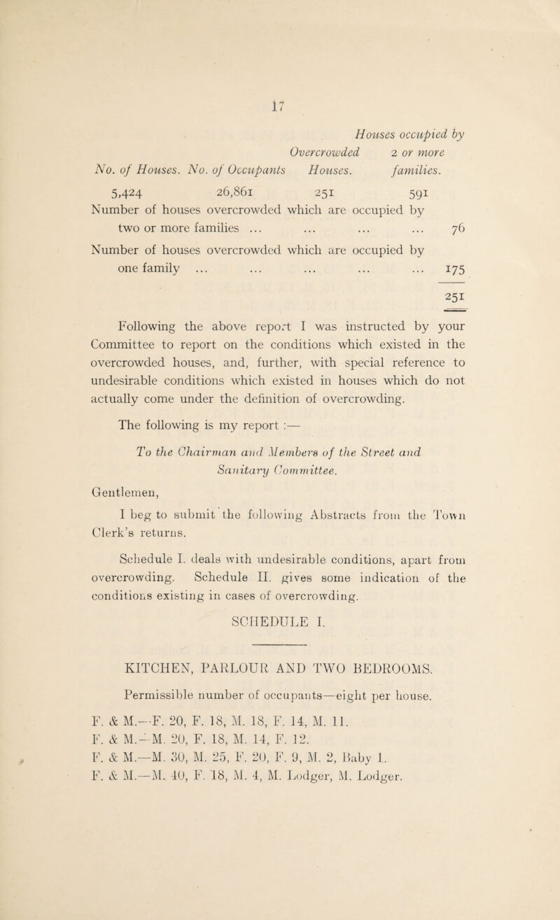 Houses occupied by Overcrowded 2 or more No. of Houses. No. of Occupants Houses. families. 5,424 26,861 251 591 Number of houses overcrowded which are occupied by two or more families ... ... ... ... 76 Number of houses overcrowded which are occupied by one family ... ... ... ... ... 175 251 Following the above report I was instructed by your Committee to report on the conditions which existed in the overcrowded houses, and, further, with special reference to undesirable conditions which existed in houses which do not actually come under the definition of overcrowding. The following is my report :— To the Chairman and Members of the Street and Sanitary Committee. Gentlemen, I beg to submit the following Abstracts from the Town Clerk’s returns. Schedule I. deals with undesirable conditions, apart from overcrowding. Schedule II. gives some indication of the conditions existing in cases of overcrowding. SCHEDULE I. KITCHEN, PARLOUR AND TWO BEDROOMS. Permissible number of occupants—eight per house. F. A M.—F. 20, F. 18, M. 18, F. 14, M. 11. F. & M.-M. 20, F. 18, M. 14, F. 12. F. A M— M. 30, M. 25, F. 20, F. 9, M. 2, Baby 1. F. A M.—M. 40, F. 18, M. 4, M. Lodger, M. Lodger.