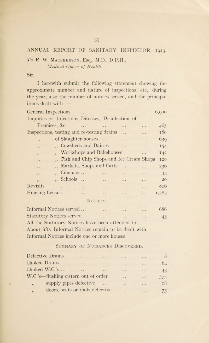 ANNUAL REPORT OF SANITARY INSPECTOR, 1923. To R. W. Macpherson, Esq., M.D., D.P.H., Medical Officer of Health. I herewith submit the following statement showing the approximate number and nature of inspections, etc., during the year, also the number of notices served, and the principal items dealt with :— General Inspections ... ... ... ... 6,900 Inquiries re Infectious Diseases, Disinfection of Premises, &c. ... ... ... ... 465 Inspections, testing and re-testing drains ... ... 180 ,, of Slaughter-houses ... ... ... 639 ,, ,, Cowsheds and Dairies ... ... 154 ,, ,, Workshops and Bakehouses ... 142 ,, ,, Fish and Chip Shops and Ice Cream Shops 120 ,, ,, Markets, Shops and Carts ... ... 236 ,, ,, Cinemas ... ... ... ... 33 ,, ,, Schools ... ... ... ... 20 Revisits ... ... ... ... ... 816 Housing Census ... ... ... ... 1,383 Notices. Informal Notices served... ... ... ... 686 Statutory Notices served ... ... ... 43 All the Statutory Notices have been attended to. About fifty Informal Notices remain to be dealt with. Informal Notices include one or more houses. Summary of Nuisances Discovered. Defective Drains ... ... ... ... 8 Choked Drains ... ... ... ... 64 Choked W.C.'s ... ... ... ... ... 43 W.C.'s—flushing cistern out of order ... ... 375 ,, supply pipes defective ... ... ... 18 ,, doors, seats or roofs defective ... ... 73
