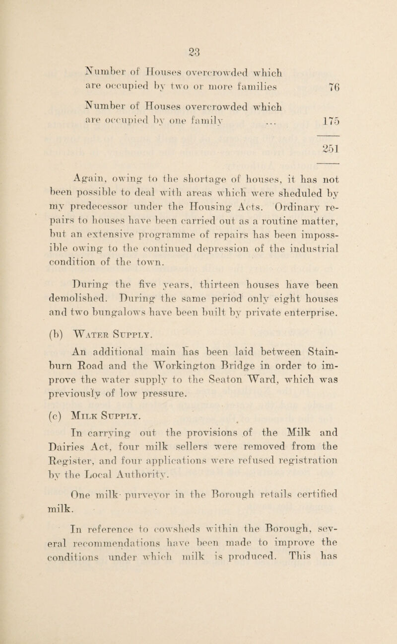 76 Xinnher of lioiises overcrowded which are occupied hy two or more families J7umber of Houses overcrowded which are occupied hy one family ... 175 251 A^aiu, owing’ to the shortag*e of houses, it has not been possible to deal with areas which were sheduled by my predecessor under the Housing’ Acts. Ordinary re¬ pairs to houses have been carried out as a routine matter, but an extensive prog'ramme of repairs has been iniposs- il)le owing’ to the continued depression of the industrial condition of the town. During’ the five years, thirteen houses have been demolished. During the same period only eight houses and two bungalows have been built by private enterprise. (b) Water Supply. An additional main has been laid between Stain- burn Hoad and the Workington Bridge in order to im¬ prove the water supply to the Seaton Ward, which was previously of low pressure. (c) Milk Supply. In carrying out the provisions of the Milk and Dairies Act, four milk sellers were removed from the Hegister, and four applications were refused registration by the Local Authority. One milk- purveyor in the Borough retails certified milk. In reference to cowsheds within the Borough, sev¬ eral recommendations have been made to improve the conditions under which milk is produced. This has
