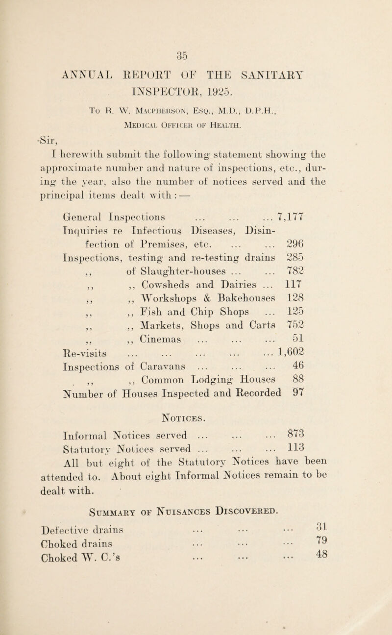 ANNUAL EEPORT OF THE SANITARY INSPECTOR, 1925. To H. W. Macphersox, Esu-, M.D., D.P.H., Medical Officer of Health. •Sir, I herewith submit the following statement showing the approximate number and nature of inspections, etc., dur¬ ing the year, also the number of notices served and the principal items dealt with : — General Inspections ... ... ... 7,177 Inquiries re Infectious Diseases, Disin¬ fection of Premises, etc. ... ... 296 Inspections, testing and re-testing drains 285 ,, of Slaughter-houses ... ... 782 ,, ,, CoAvsheds and Dairies ... 117 ,, ,, Workshops & Bakehouses 128 ,, ,, Fish and Chip Shops ... 125 ,, ,, Markets, Shops and Carts 752 ,, ,, Cinemas ... ... ... 51 Re-visits ... ... ... ... ... 1,602 Inspections of Caravans ... ... ... 46 ,, ,, Common Lodging Houses 88 Number of Houses Inspected and Recorded 97 Notices. Informal Notices served ... ... ... 873 Statutory Notices served ... ... ... 113 All but eight of the Statutory Notices have been attended to. About eight Informal Notices remain to be dealt with. Summary of Nuisances Discovered. Defective drains Choked drains Choked W. C.’s 31 79 48