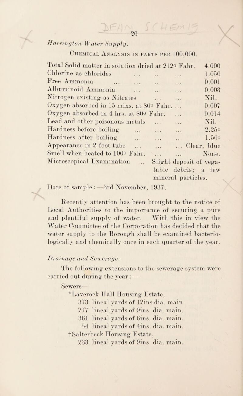 Harrington Water Supply. Chemical Analysis in parts per 100,000. Total Solid matter in solution dried at 212° Fa hr. 4.000 Chlorine as chlorides ... ... ... 1.050 Free Ammonia ... ... ... ... 0.001 Albuminoid Ammonia ... ... ... 0.003 Nitrogen existing as Nitrates ... ... Nil. Oxygen absorbed in 15 mins, at 80° Fahr. ... 0.007 Oxygen absorbed in 4 hrs. at 80° Fahr. ... 0.014 Lead and other poisonous metals ... ... Nil. Hardness before boiling ... ... ... 2.25° Hardness after boiling ... ... ... 1.50° Appearance in 2 foot tube ... ... ... Clear, blue Smell when heated to 10()o Fahr. ... ... None. Microscopical Examination ... Slight deposit of vega- table debris; a few mineral particles. Hate of sample :—3rd November, 1937. Recently attention has been brought to the notice of Local Authorities to the importance of securing a pure and plentiful supply of water. With this in view the Water Committee of the Corporation has decided that the water supply to the Borough shall be examined bacterio- logically and chemically once in each quarter of the year. Drain age and Sewerage. The following extensions to the sewerage system were carried out during the year : — Sewers— ^Laverock Hall Housing Estate, 373 lineal yards of 12ins dia. main. 277 lineal yards of 9ins. dia. main. 361 lineal yards of Bins. dia. main. 54 lineal yards of 4ins. dia. main. t. tSalterbeck Housing Estate, 233 lineal yards of 9ins. dia. main.
