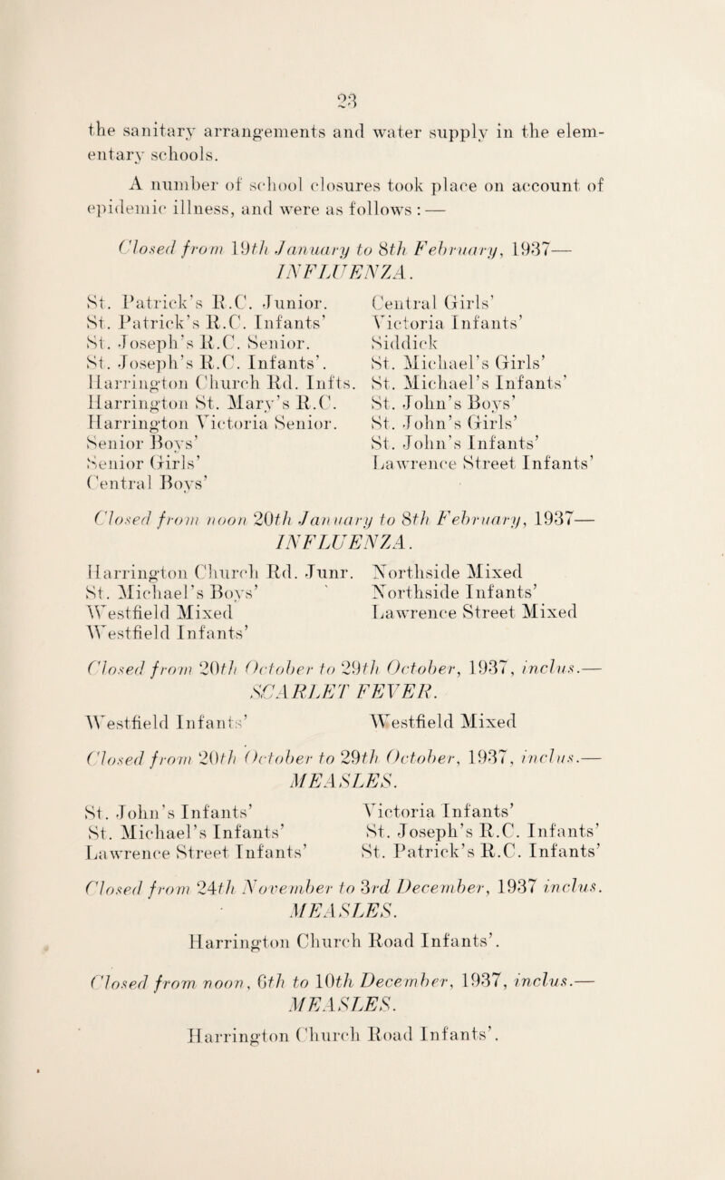 the sanitary arrangements and water supply in the elem¬ entary schools. A number of school closures took place on account of epidemic illness, and were as follows : — Cloned from 19th January to 8th February, 1937— INFLUENZA. St. Patrick’s R.C. Junior. St. Patrick’s R.C. Infants’ St. Joseph’s 11.C. Senior. St. Joseph’s It.C. Infants’. Harrington Church ltd. Infts. Harrington St. Mary’s It.C. Harrington Victoria Senior. Senior Boys’ Senior Girls’ Central Boys’ fj Central Girls’ Victoria Infants’ Sid dick St. Michael’s Girls’ St. Michael’s Infants’ St. John’s Boys’ St. John’s Girls’ St. John’s Infants’ Lawrence Street Infants’ Cloned from noon 20th January to 8th February, 1937— INFLUENZA. Harrington Church Rd. Junr. Vorthside Mixed St. Michael’s Boys’ ' Vorthside Infants’ Westfield Mixed Lawrence Street Mixed Westfield Infants’ Cloned from 20 th October to 29th October, 1937, in cl un.— SCARLET FEVER. Westfield Infants’ Westfield Mixed Closed from 20th October to 29th October, 1937, inclus.— MEASLES. St. John’s Infants’ Victoria Infants’ St. Michael’s Infants’ St. Joseph’s R.C. Infants’ Lawrence Street Infants’ St. Patrick’s R.C. Infants’ Cloned from 24th November to 3rd December, 1937 inclus. MEASLES. Harrington Church Road Infants’. Cloned from noon, 0th to 10th December, 1937, inclus.— MEASLES. Harrington Church Road Infants’.