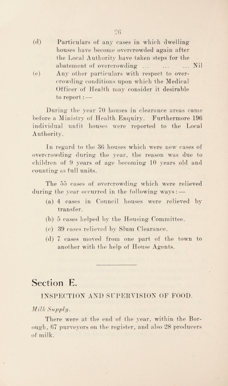 houses have become overcrowded again after the Local Authority have taken steps for the abatement of overcrowding ... ... ... Nil (e) Any other particulars with respect to over¬ crowding conditions upon which the Medical Officer of Health may consider it desirable to report: — During the year 70 houses in clearance areas came before a Ministry of Health Enquiry. Furthermore 196 individual unfit houses were reported to the Local Authority. In regard to the 36 houses which were new cases of overcrowding during the year, the reason was due to children of 9 years of age becoming 10 years old and counting as full units. The 55 cases of overcrowding which were relieved during the year occurred in the following ways: — (a) 4- cases in Council houses were relieved by transfer. (b) 5 cases helped by the Housing Committee. (c) 39 cases relieved by Slum Clearance. (d) 7 cases moved from one part of the town to another with the help of House Agents. Section E. INSPECTION AND SFPEItYISION OF FOOD. Milk Supply. There wTere at the end of the year, within the Bor¬ ough, 67 purveyors on the register, and also 28 producers of milk.
