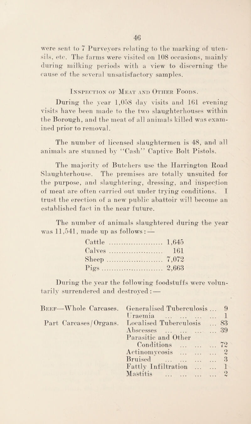 were .sent to 7 Purveyors relating to the marking* of uten¬ sils, etc. The farms were visited on 108 occasions, mainly during milking periods with a view to discerning the cause of the several unsatisfactory samples. Inspection of Meat and Other Foods. During the year 1,058 day visits and 161 evening visits have been made to the two slaughterhouses within the Borough, and the meat of all animals killed was exam¬ ined prior to removal. The number of licensed slaughtermen is 48, and all animals are stunned by “Cash” Captive Bolt Pistols. The majority of Butchers use the Harrington Road Slaughterhouse. The premises are totally unsuited for the purpose, and slaughtering, dressing, and inspection of meat are often carried out under trying conditions. I trust the erection of a new public abattoir will become an established fact in the near future. The number of animals slaughtered during the year was 11,541, made up as follows : — Cattle . . 1,645 Calves . . 161 Sheep . . 7,072 Pigs. . 2,663 During the year the following foodstuffs were volun¬ tarily surrendered and destroyed: — t L. Beef—Whole Carcases. Generalised Tuberculosis Uraemia . Part Carcases/Organs. Localised Tuberculosis Abscesses . Parasitic and Other Conditions . Actinomycosis . Bruised . Fattly Infiltration ... Mastitis . 9 1 83 39 72 2 3 1 9