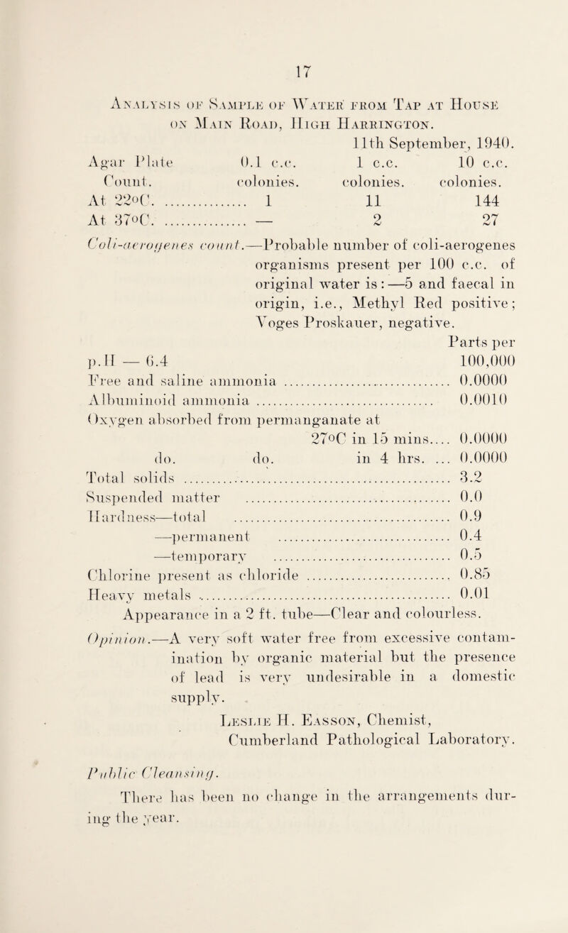IT Ana I A’.SIS oi-' Sample oe Water erom Tap at House ox Main Roar, High Harrington. 11th September, 1940. Agar Plate 0.1 e.e. 1 c.c. 10 c.c. roiiiit. eolonies. colonies. colonies. At 22o(;. 1 11 144 At OToC. — 2 27 CoJi-(icro(jenes count.—Probable number of coli-aerogenes organisms present per 100 c.c. of original water is:—5 and faecal in origin, i.e.. Methyl Red positive; Voges Proskaiier, negative. Parts per l).ll — 0.4 100,000 Free and saline ammonia. 0.0000 Albuminoid ammonia . 0.0010 Oxygen absorbed from permanganate at 2700 in 15 mins.... 0.0000 do. do. in 4 hrs. ... 0.0000 Total solids . 3.2 Suspended matter .. 0.0 Hardness—total . 0.9 —])ermanent . 0.4 —temporary . 0.5 Cdilorine present as (diloride . 0.85 Heavv metals .. 0.01 t/ Appearance in a 2 ft. tube—Clear and colourless. Opinion.—xV very soft water free from excessive contam¬ ination by organic material but the presence of lead is verv undesirable in a domestic supply. Leslie H. Hasson, Chemist, Cumberland Pathological Laboratory. rnhJic (Oeansin (/. There has been no (diange in the arrangements dur¬ ing the ;rear.