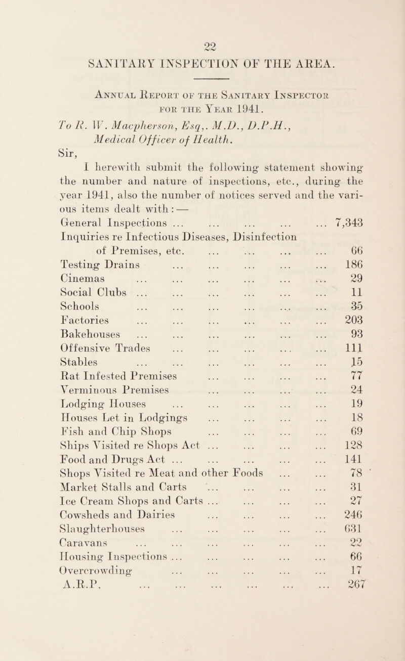 SANITARY INSPECTION OF THE AREA. Annual Report of the Sanitary Inspector for the Year 1941. To R. W. Macpherson, Esq,. M.D., D.P.H., Medical Officer of Health. Sir, I herewith submit the following statement showing the number and nature of inspections, etc., during the year 1941, also the number of notices served and the vari¬ ous items dealt with : — General Inspections ... Inquiries re Infectious Diseases, Disinfection ... 7,343 of Premises, etc. G6 Testing Drains ... 186 Cinemas 29 Social Clubs ... 11 Schools 35 Factories ... 203 Bakehouses 93 Offensive Trades ... Ill Stables 15 Rat Infested Premises 77 Verminous Premises 24 Lodging Houses 19 Houses Let in Lodgings 18 Fish and Chip Shops 69 Ships Visited re Shops Act ... ... 128 Food and Drugs Act ... ... 141 Shops Visited re Meat and other Foods 78 Market Stalls and Carts 31 Ice Cream Shops and Carts ... 27 Cowsheds and Dairies ... 246 Slaughterhouses ... 631 Caravans 22 Housing Inspections ... 66 Overcrowding 17 A.R.P, . ... 267